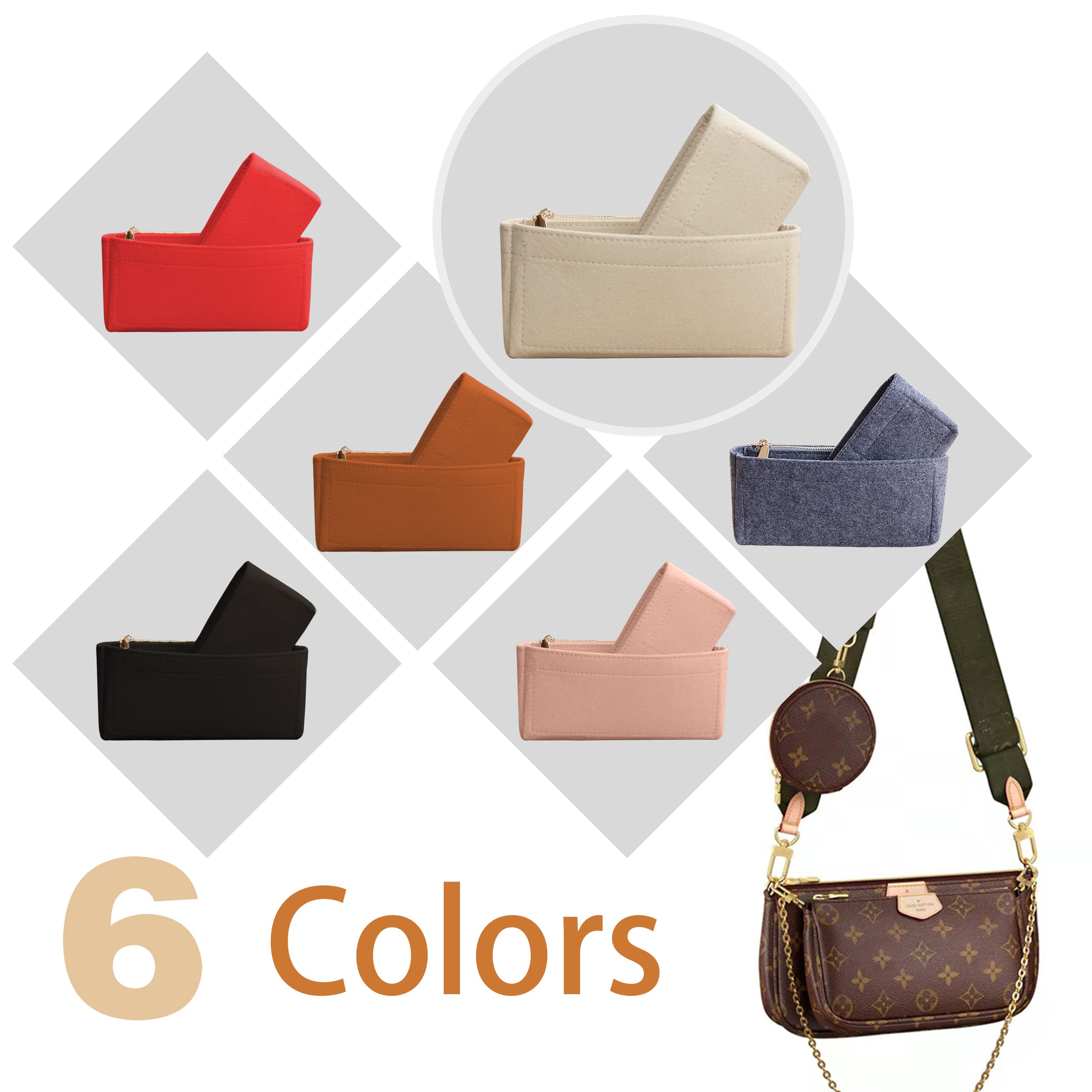 Soyizom Handbag Organizer Insert - 2 Pack Tote Bag Organizer with Zipper Pocket & Keychain - Perfect Fit for Multi Pochette Accessories Bag Series (Brown) | Keep Your Purse Neat & Organized for Work, Travel & Daily Use