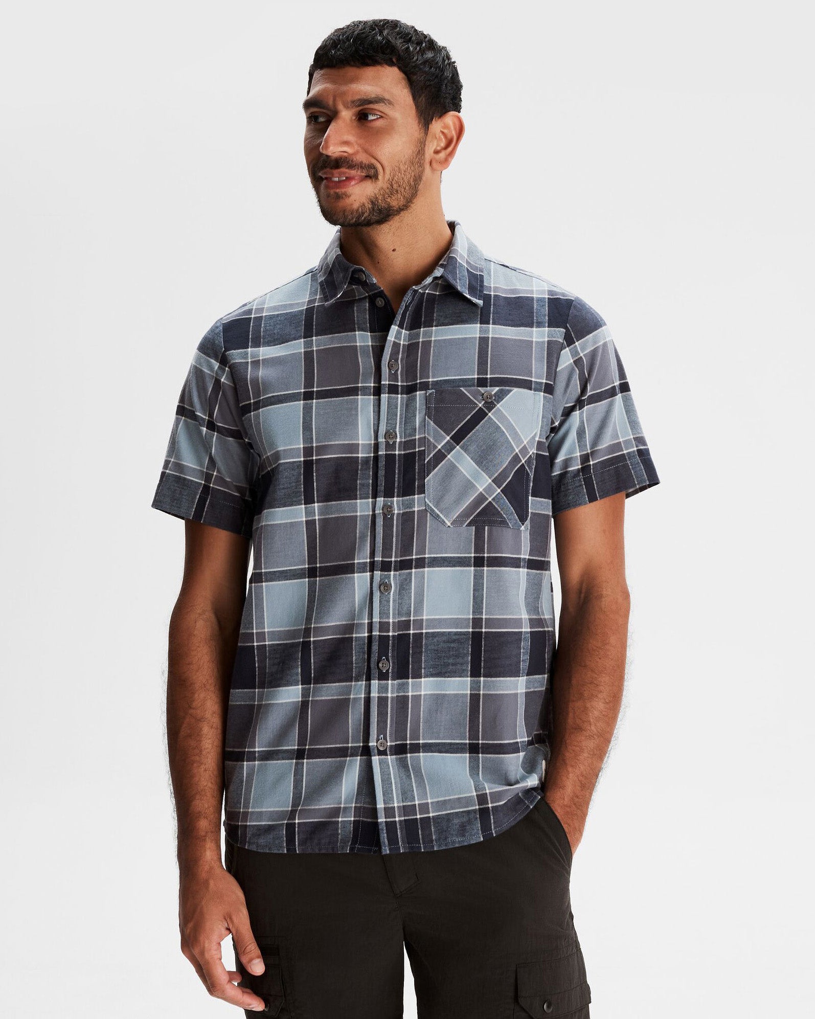 Men's Fyfe Short Sleeve Shirt - Mid Navy Plaid Casual Button Down Shirt for Summer, Outdoor & Office Wear