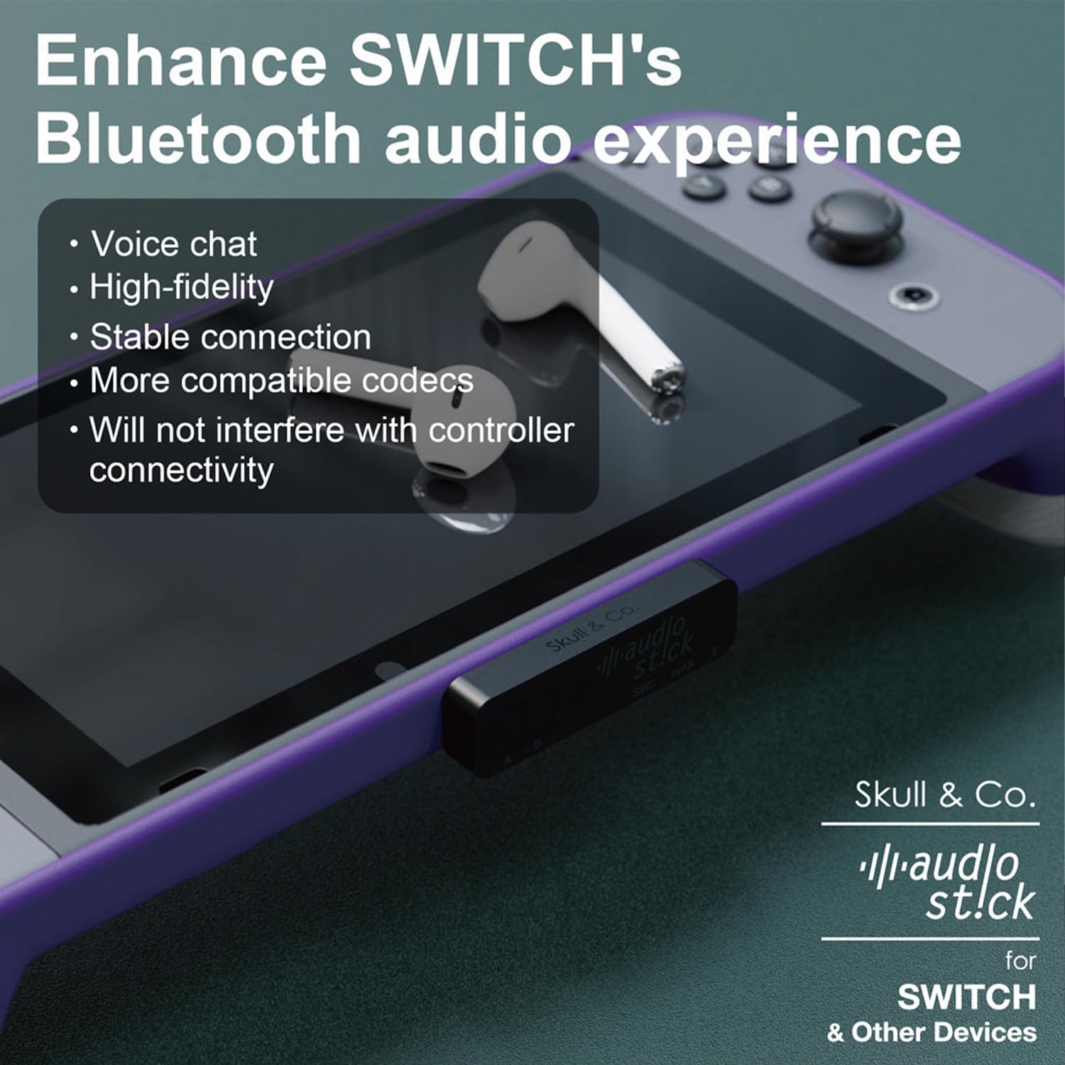 Skull & Co. AudioStick Bluetooth 5.0 Wireless Audio Transmitter Adapter - Low Latency for PS5, PS4, Nintendo Switch & Lite - Works with AirPods Pro & Other Bluetooth Headphones - Perfect for Gaming & Home Entertainment (Black)