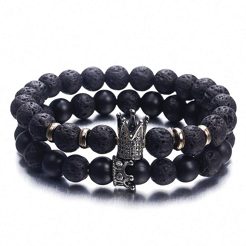 Lava Stone Pave Cz Imperial Crown and Helmet Charm Bracelet for Men - Stylish Adjustable Bangle with Cubic Zirconia - Perfect for Gifts, Parties, and Everyday Wear