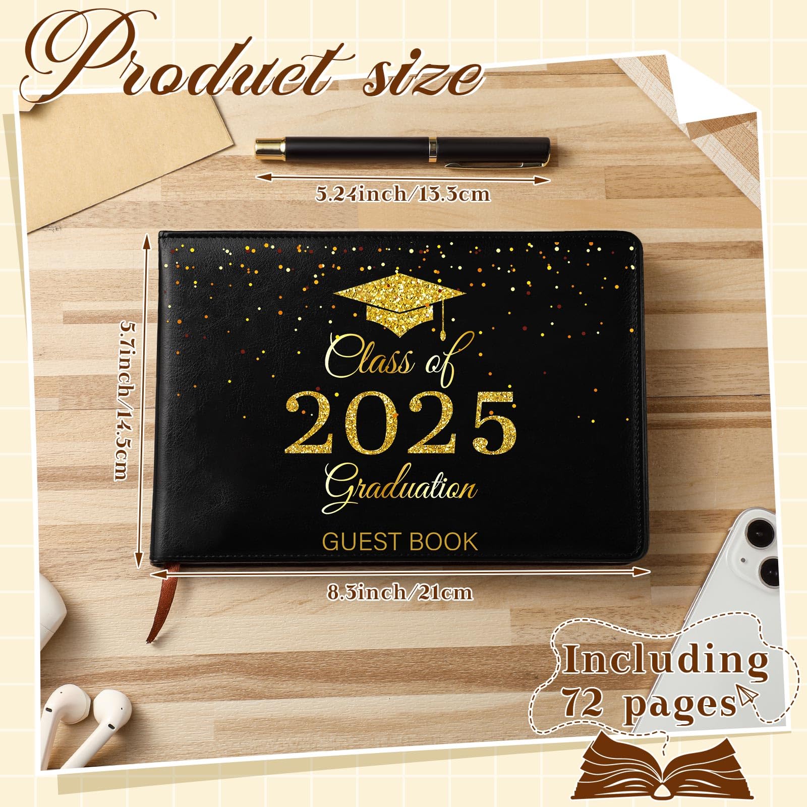 Frienda Class of 2025 Graduation Guest Book - Premium Leather Graduation Sign in Book with Pen - Graduation Party Favors & Congratulation Gifts for Graduates (Black & Gold) - Perfect for High School & College Graduation Ceremonies, Parties & Memory Keeping