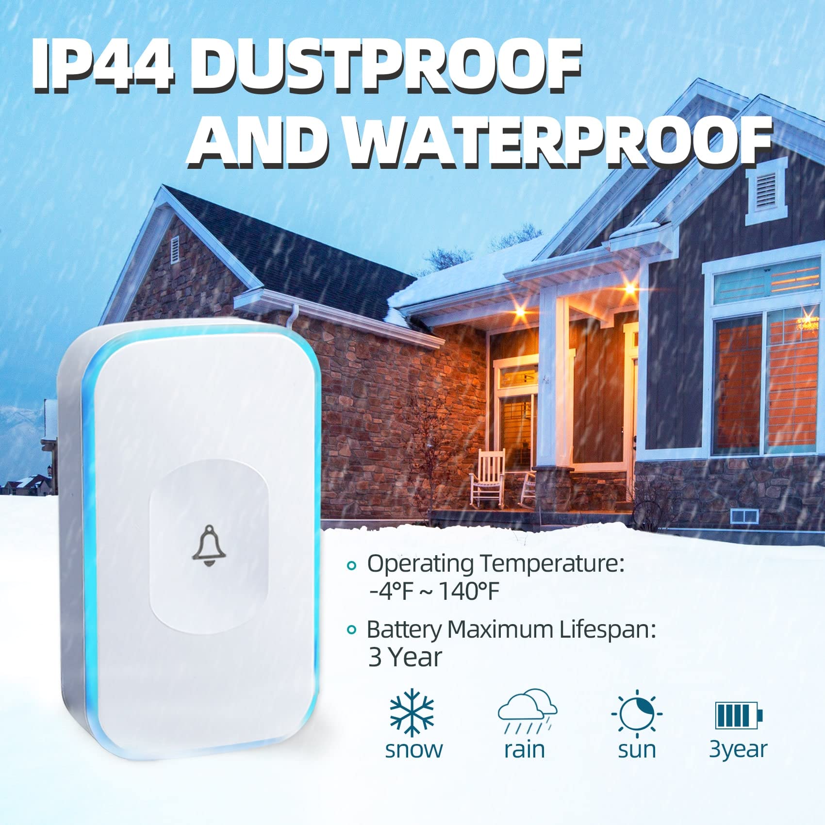 Wireless Doorbell Battery Operated - 1200FT Range with Flashing LED, 36 Ringtones & 4 Volume Levels - Includes 1 Doorbell Button & 1 Portable Receiver - Ideal for Home, Office, Apartment, and Elderly Care (White) by FUHONGRUI