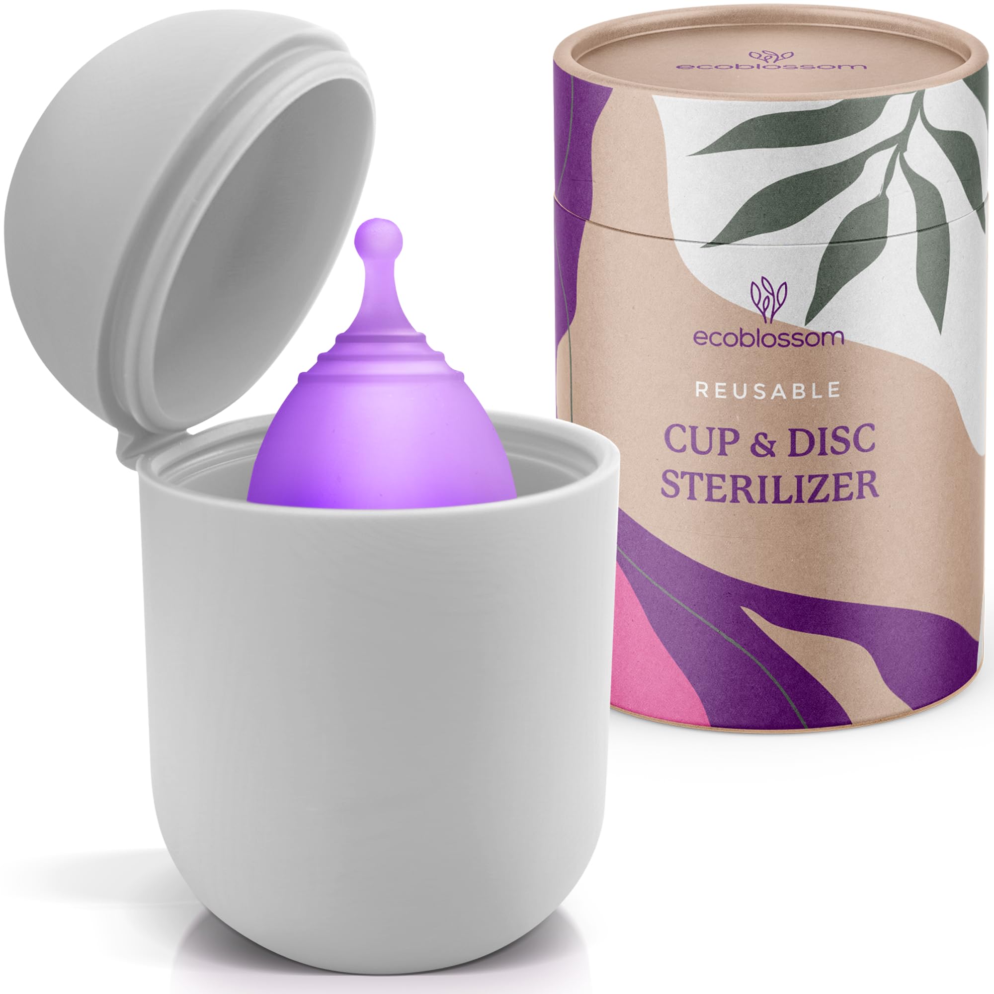 EcoBlossom Reusable Silicone Menstrual Cup Case & Sterilizer Holder - Portable Cleaning Container & Microwave Steamer for Disc or Cup - Hygienic Period Care Solution (White) | Perfect for Travel, Gym & Home Use