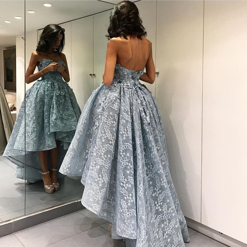 Elegant Gray Lace High Low Prom Dresses for Women - Sweetheart Neckline Formal Gowns for Homecoming, Evening Party & Special Occasions