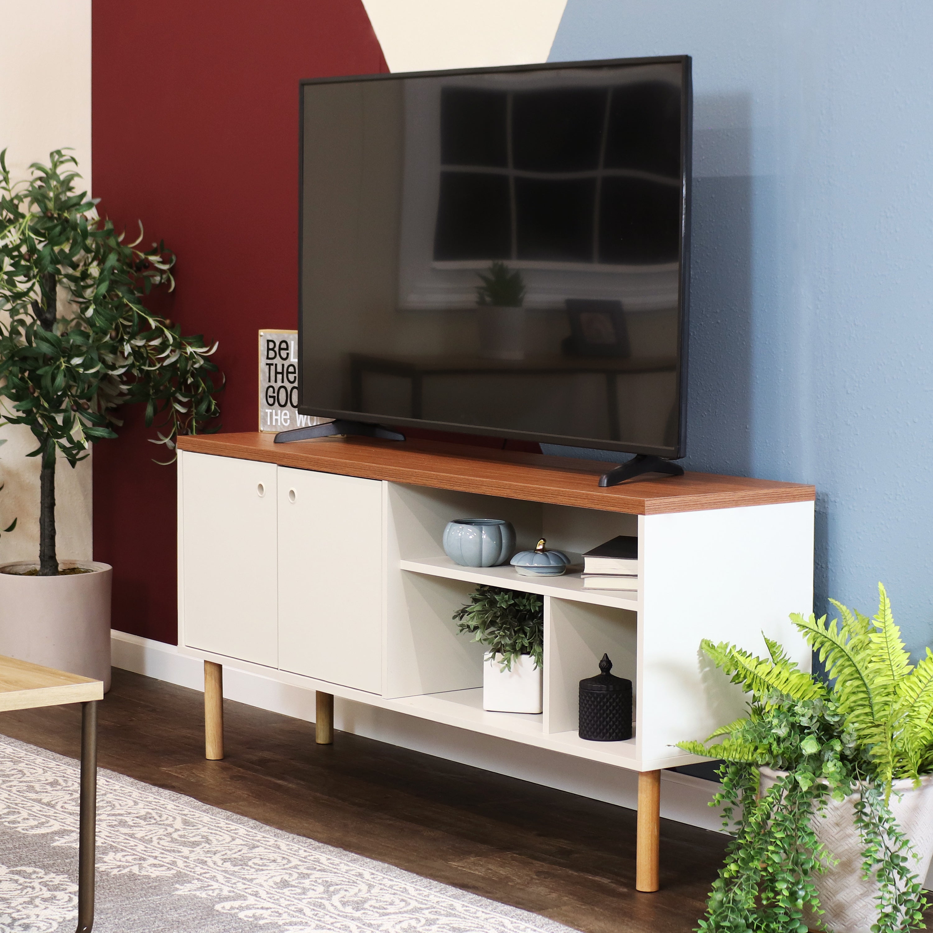 Mid Century Modern TV Stand for 55 Inch TV - Solid Wood Entertainment Center with Storage - Perfect for Living Room, Bedroom & Home Theater Setup