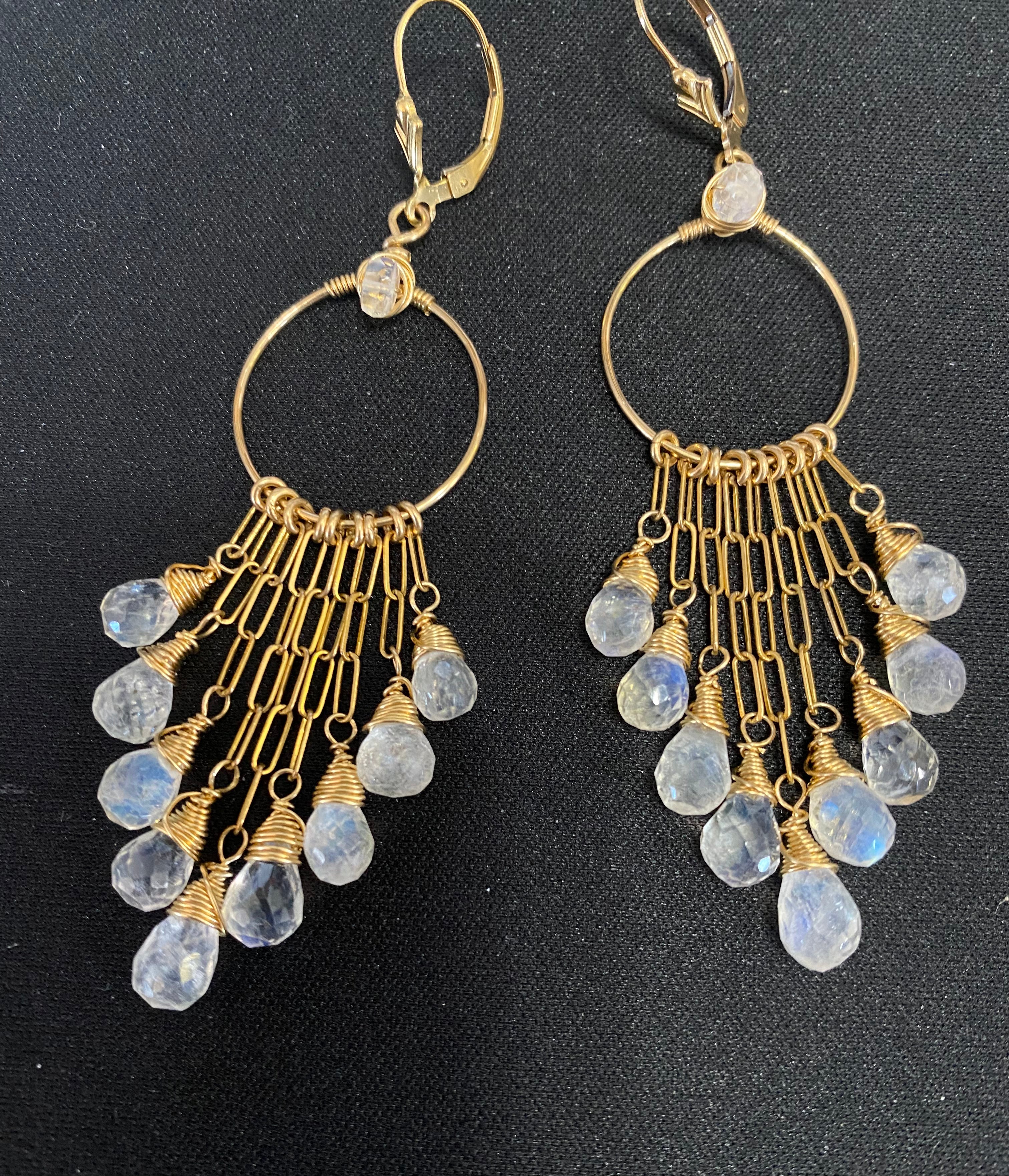 Rainbow Moonstone Gold Hoop Chandelier Earrings for Women | Elegant Dangle Drop Jewelry for Party, Wedding & Evening Wear