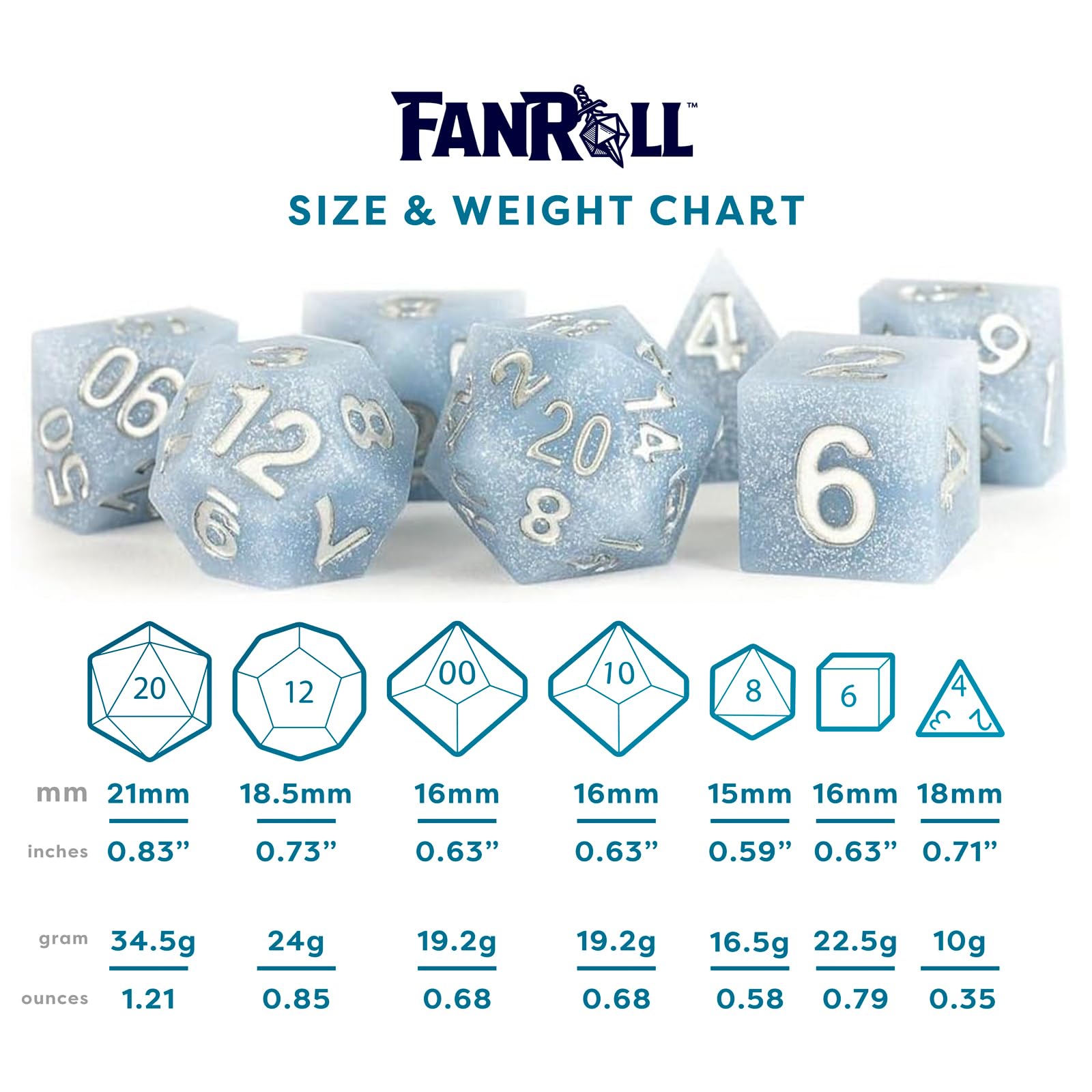FanRoll 16mm Sharp Edge Silicone Rubber Polyhedral DND Dice Set - Glacial Debris Style RPG Dice for Dungeons & Dragons, Pathfinder, MTG and Tabletop Gaming Adventures