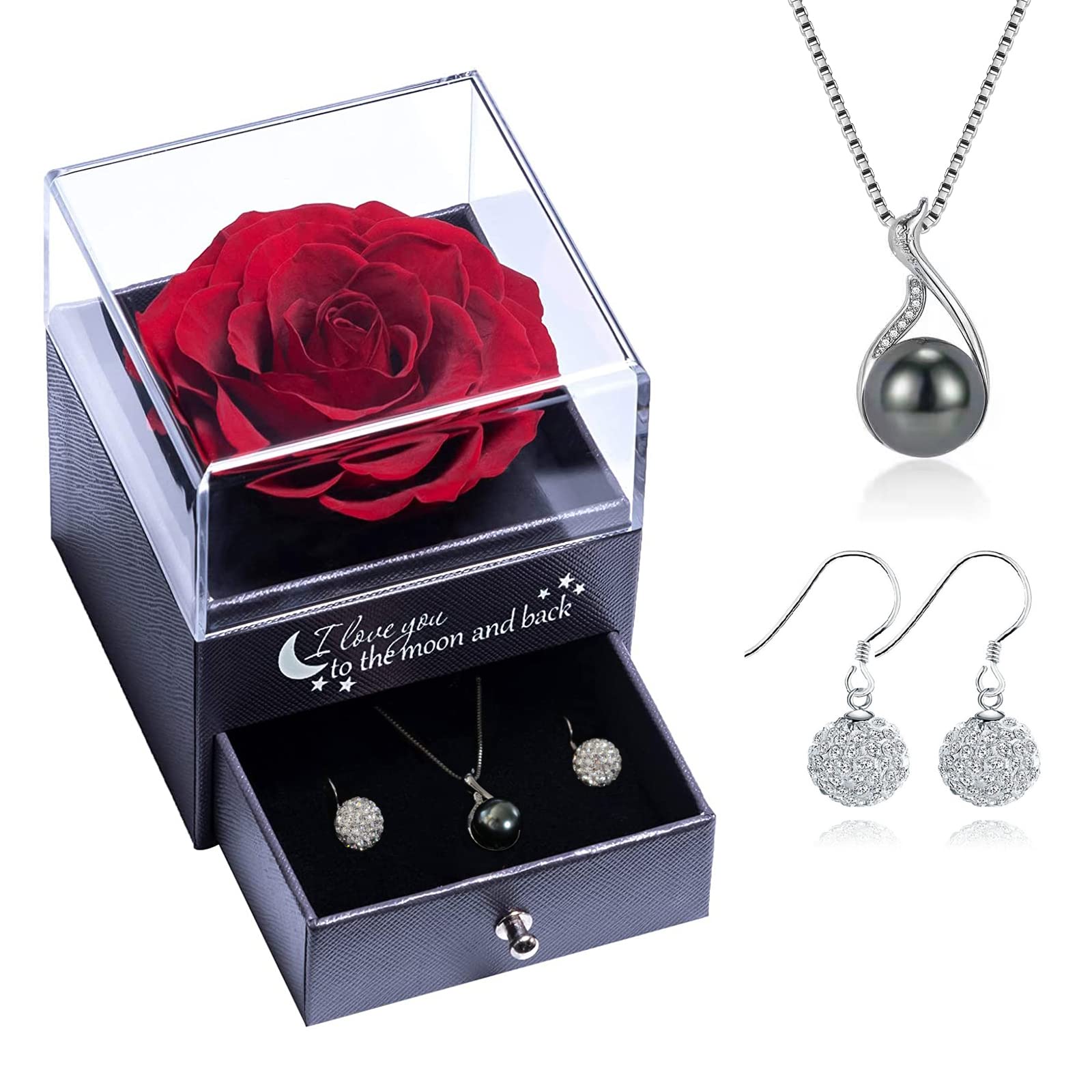 Real Preserved Rose with Black Pearl Necklace & Earrings Set - Romantic Valentine's Day, Mother's Day, Christmas, Anniversary & Birthday Gift for Women (Wife, Girlfriend, Mom) - Perfect for Special Occasions, Date Nights & Surprise Romantic Gestures