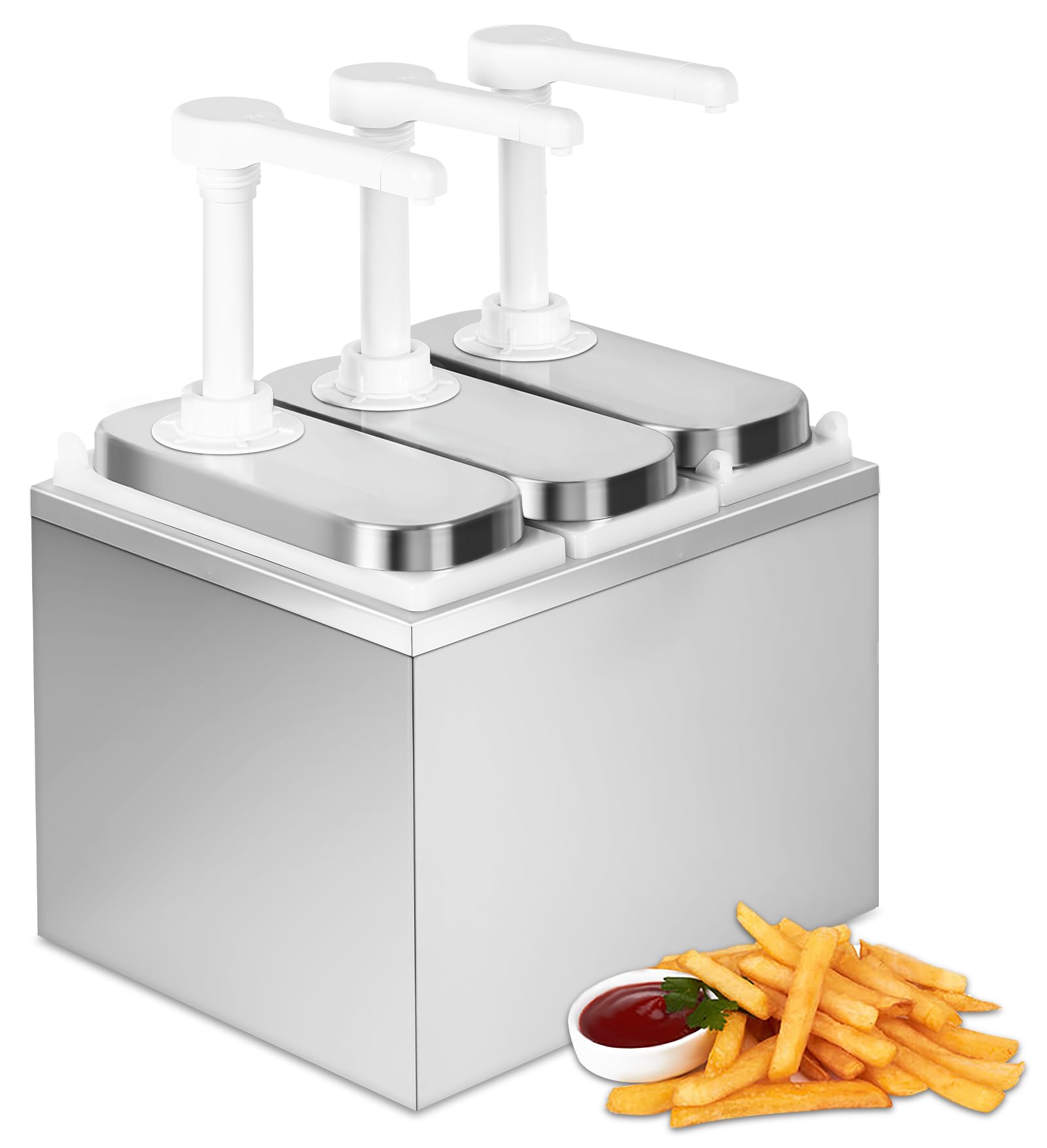 3.2 Quart Stainless Steel Condiment Pump Station - Sauce Dispenser with 3 (1.1 Quart) Jars for Restaurants, Cafes & Catering Events
