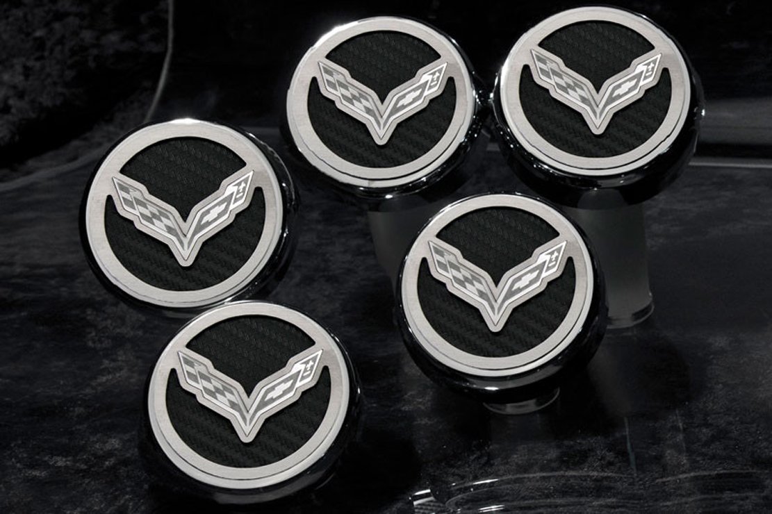 American Car Craft 053013-ORG Orange Carbon Fiber Fluid Cap Cover Set - 5 Piece Corvette Flag Emblem Accessories | Engine Bay Upgrade for Corvette C5 C6 C7 Stingray Z06 ZR1