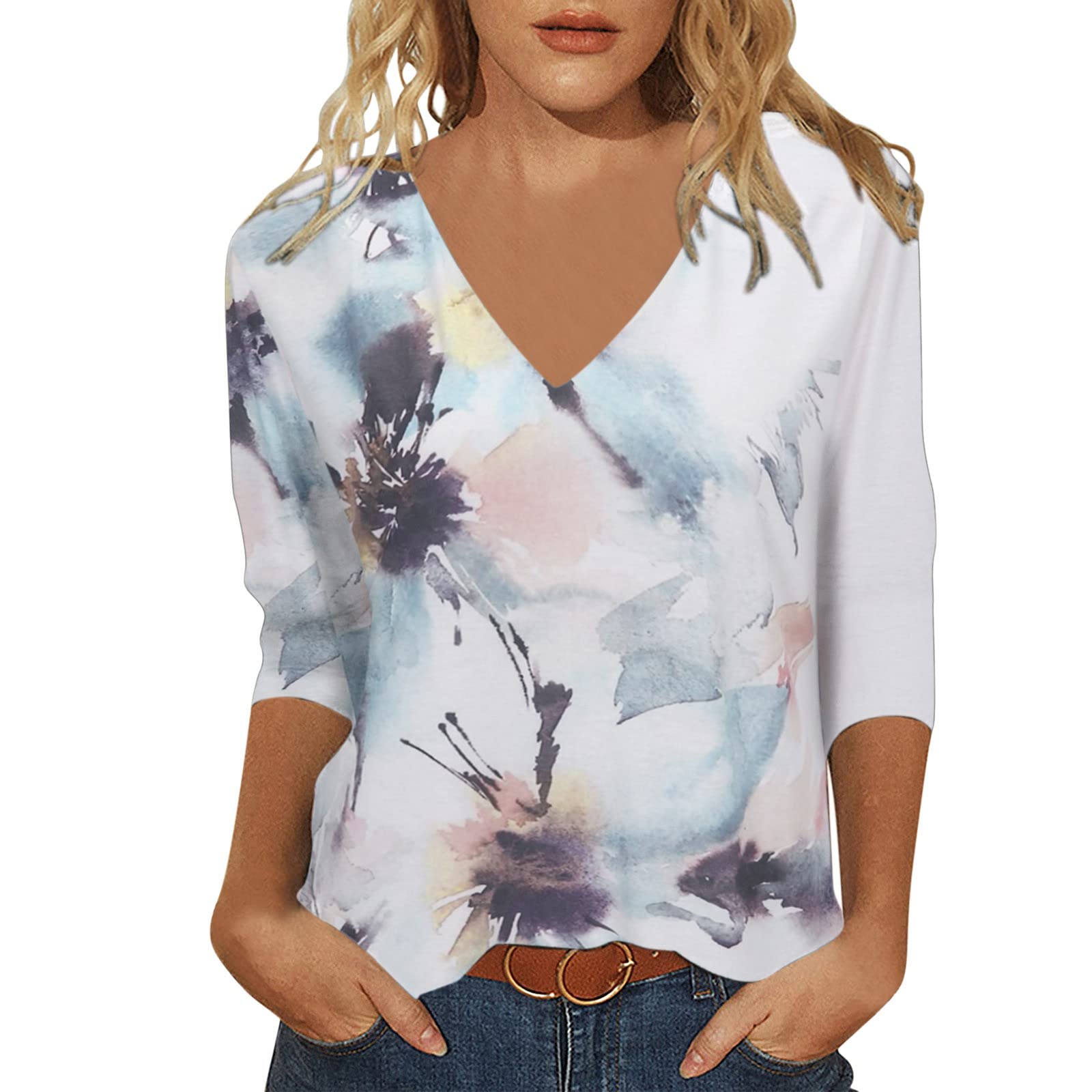 Women's Floral Print V-Neck Long Sleeve Blouse - Soft Loose Fit Casual Top for Everyday Wear (White, XXXL) | Perfect for Office, Date Night & Spring Outfits