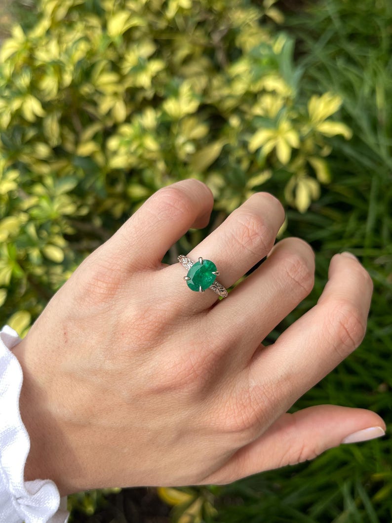 3.11ct Oval Dark Green Emerald Solitaire Ring in 14K White Gold - Elegant Engagement, Wedding, Anniversary Jewelry Gift for Women