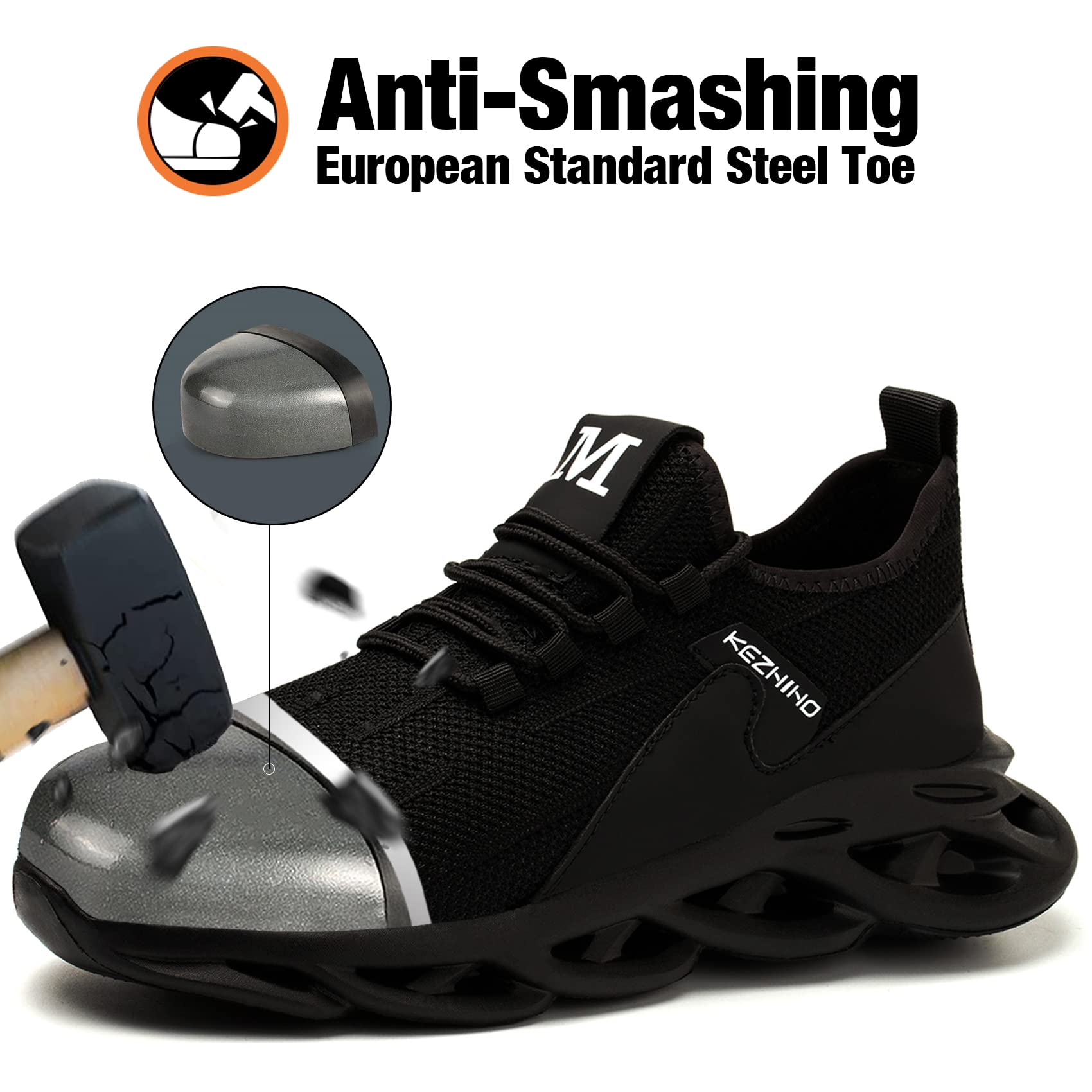 Kezhiho Men's Steel Toe Work Shoes - Lightweight, Slip & Puncture Resistant Safety Sneakers for Construction & Industrial Use | Breathable, Durable & Comfortable for Long Work Shifts