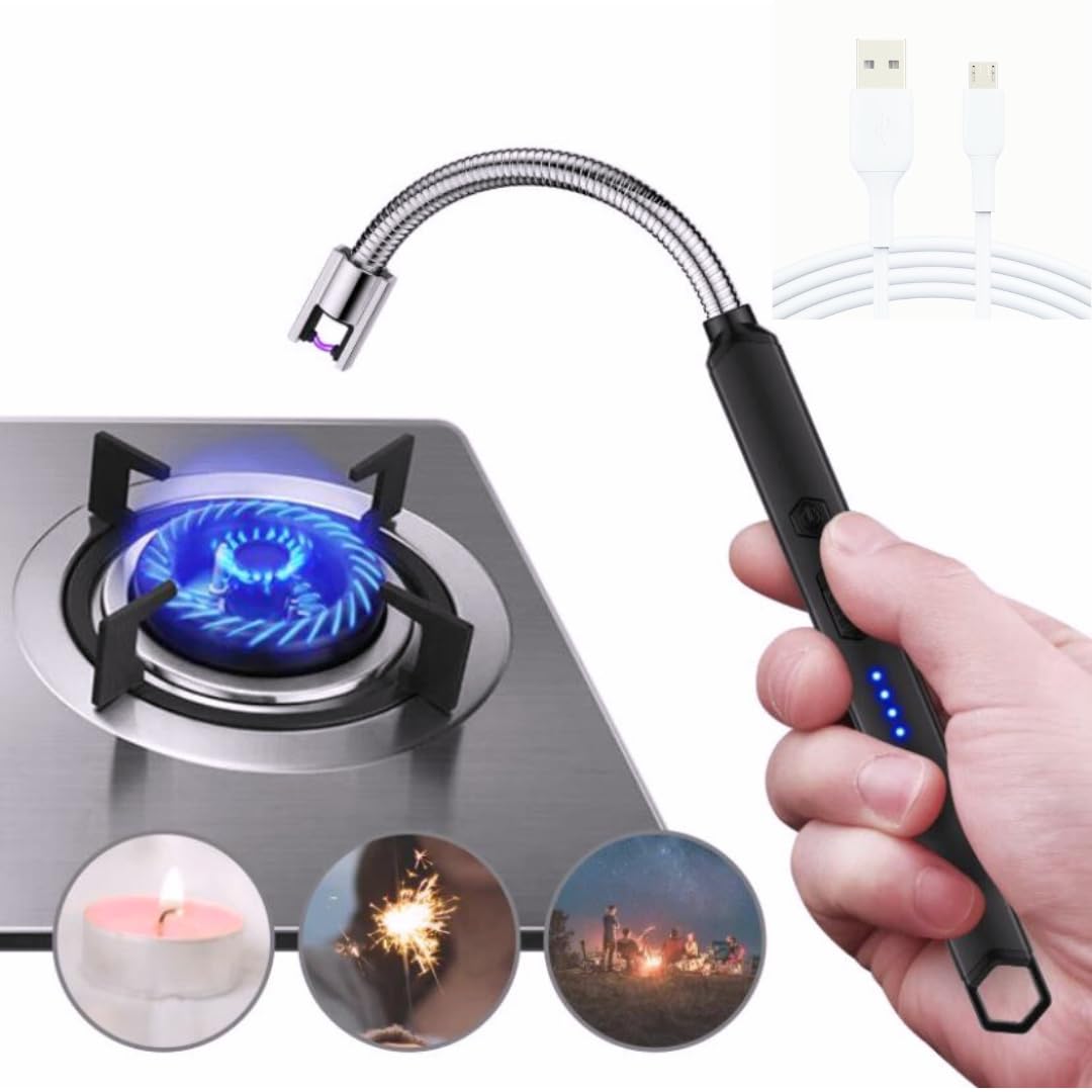 Havanish USB Rechargeable Electric Lighter with Flexible Neck & Battery Display - Windproof Plasma Arc Lighter for Candles, Fireworks, BBQ, Camping & Outdoor Use