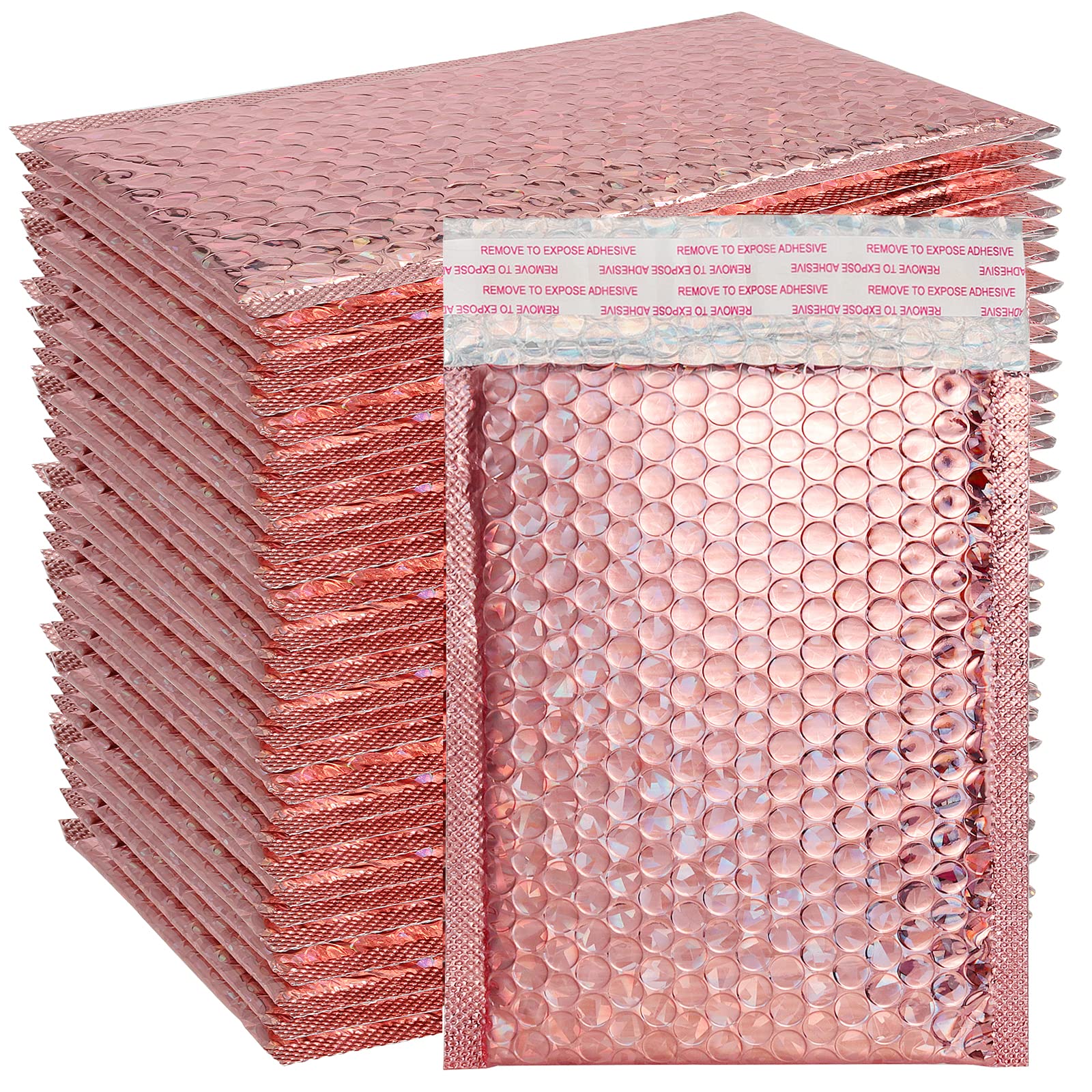 SEUNMUK 50 Pack Rose Gold Holographic Bubble Mailers 11x7 Inch - Self-Sealing Padded Shipping Envelopes for Ecommerce, Jewelry, Small Items | Waterproof Protective Packaging for Online Stores, Gifts, Returns