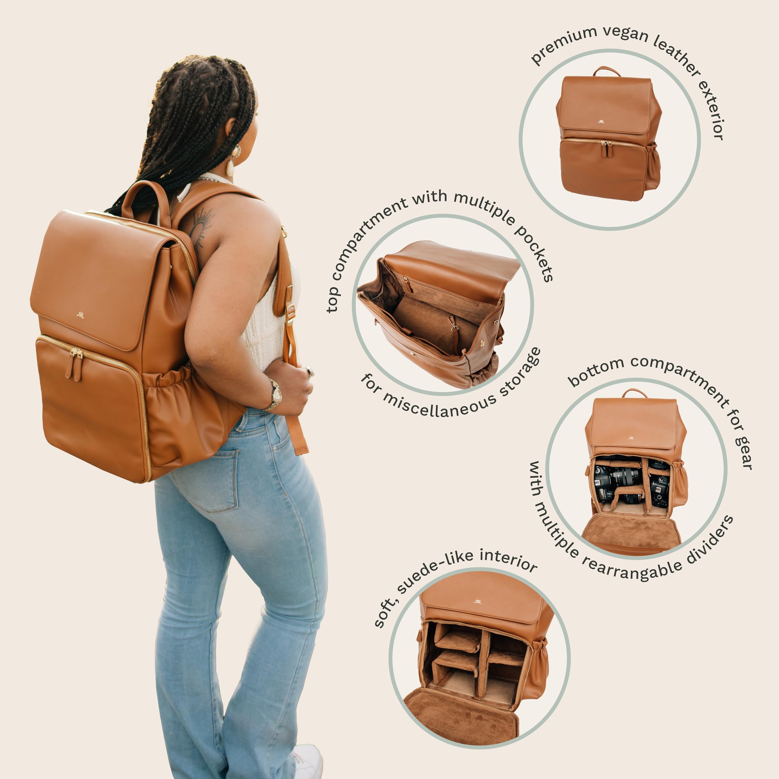 Premium Ruby Camera Backpack - Waterproof Vegan Leather DSLR Bag with Adjustable Dividers, 15.6