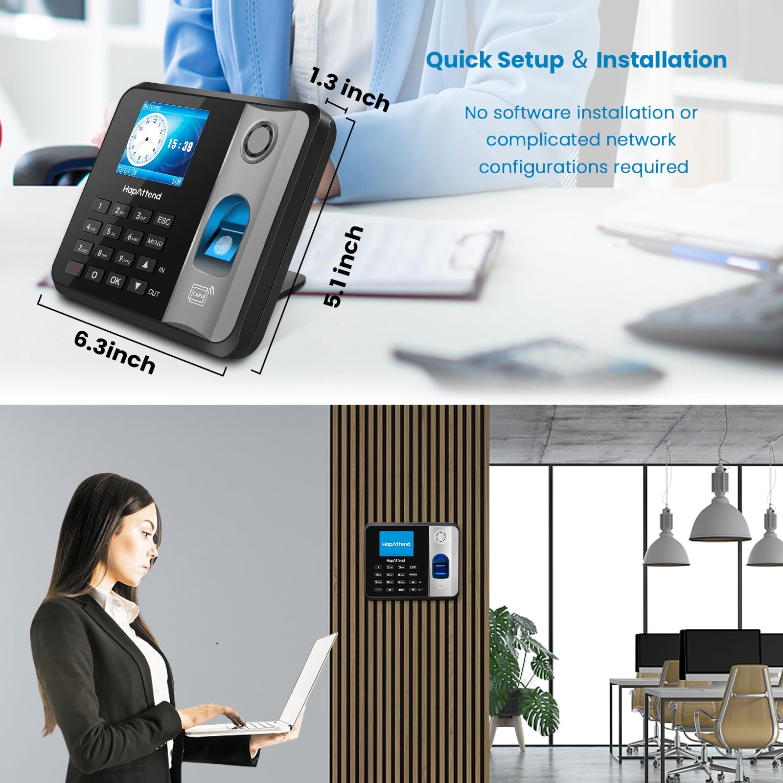 HapAttend Fingerprint Time Clock for Small Business - Standalone Employee Attendance System with RFID Card Scanner, Automatic Hours Calculation & 5 Free Cards (No Monthly Fees) | Perfect for Office, Retail & Warehouse Staff Tracking