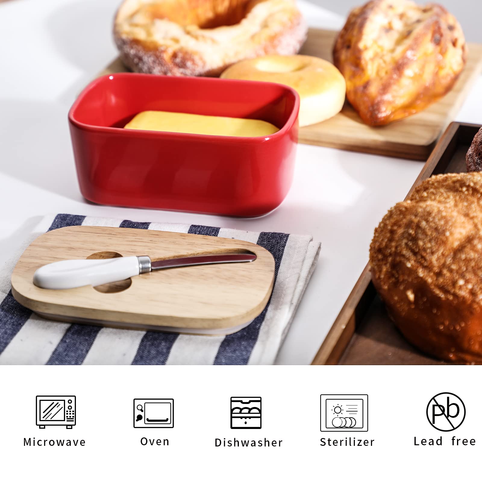 Premium Large Ceramic Butter Dish with Silicone Seal - Natural Wood Lid & Stainless Steel Butter Knife - Elegant Kitchen Decor & Practical Countertop Butter Keeper - Perfect Housewarming Gift (Red) - Ideal for Breakfast Tables, Bakeries & Farmhouse Kitchens