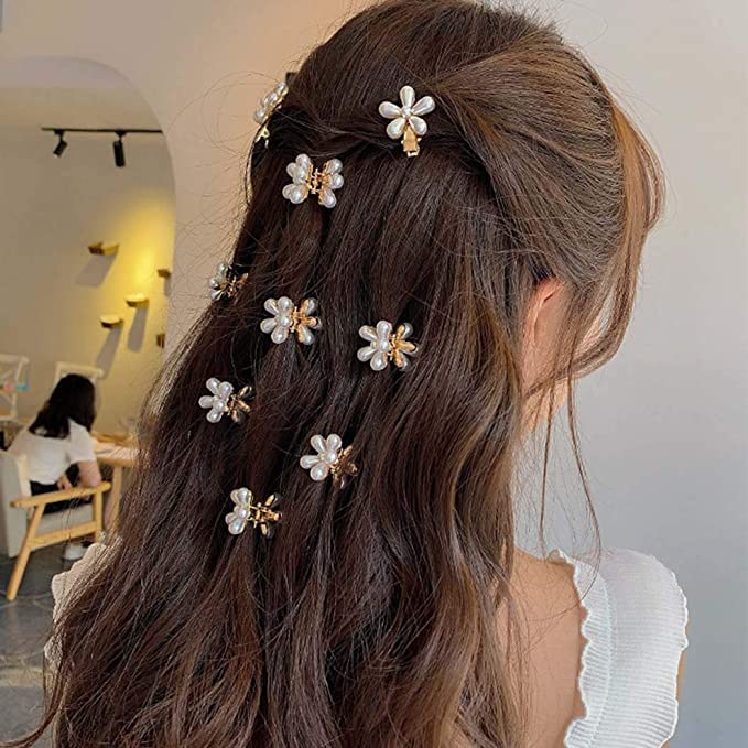 Elegant Starvis Mini Pearl Hair Claw Clips - Gold Metal Flower Hair Barrettes for Women & Girls (10-Pack, White) | Perfect for Updos, Ponytails & Everyday Hairstyles