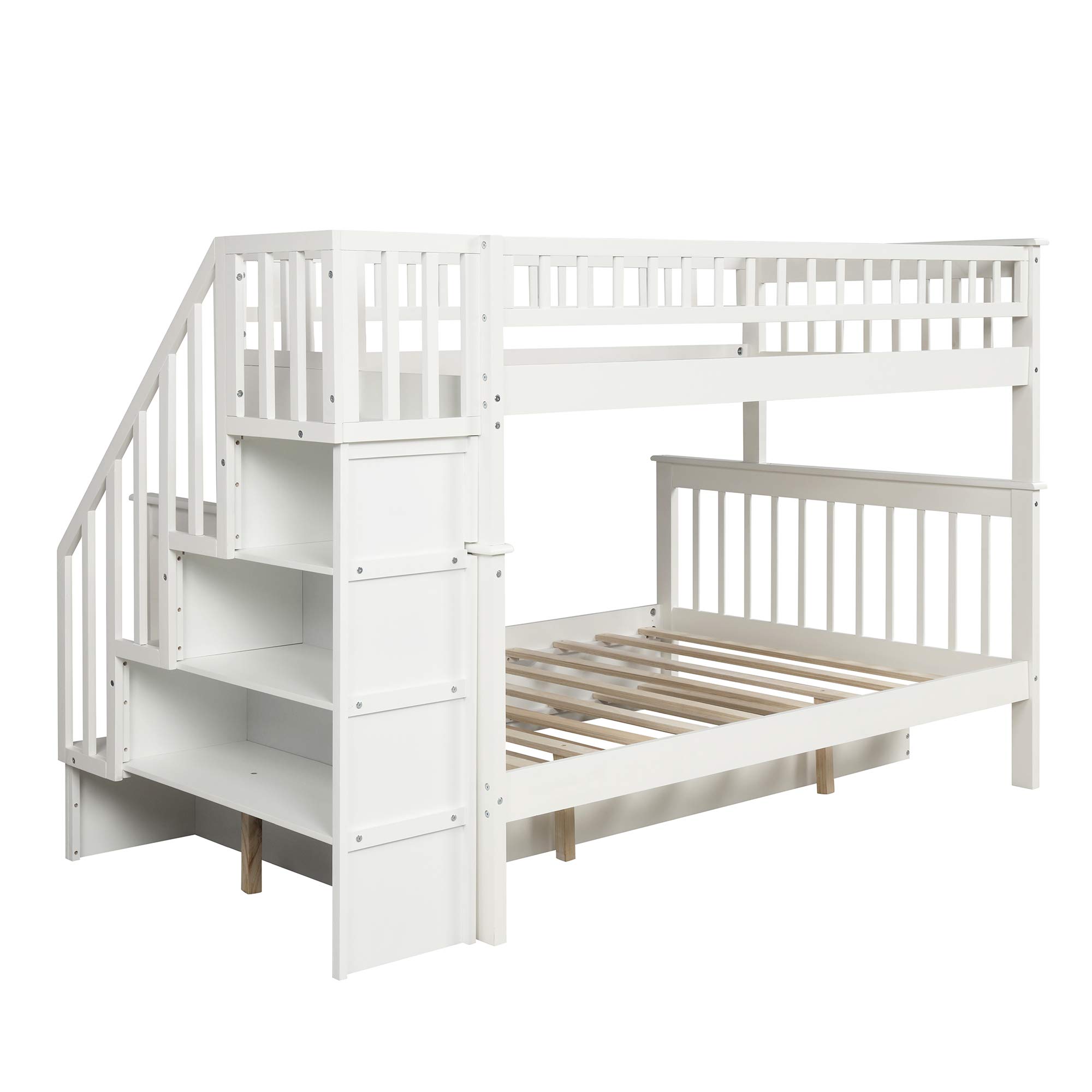 Twin Over Full Bunk Bed with Trundle & Storage - Solid Wood Bunk Bed Frame with Guardrails & Stairs for Kids, Teens & Adults - Space-Saving Bedroom Solution for Shared Rooms, Guest Rooms & Small Spaces (White, No Box Spring Needed)