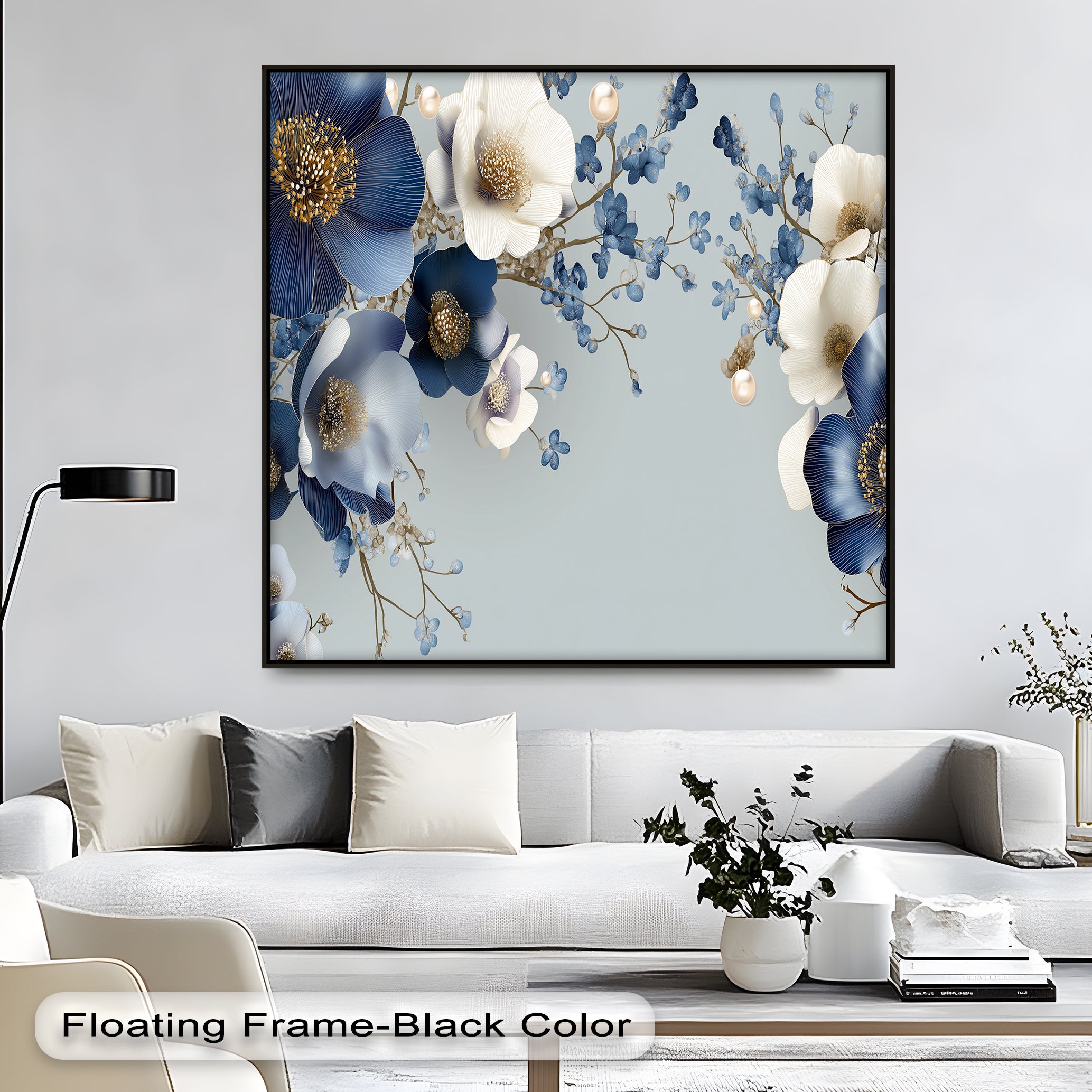 Blue and Ivory Floral Fantasy with Pearls Canvas Wall Art - Elegant Home Decor for Living Room, Bedroom & Office