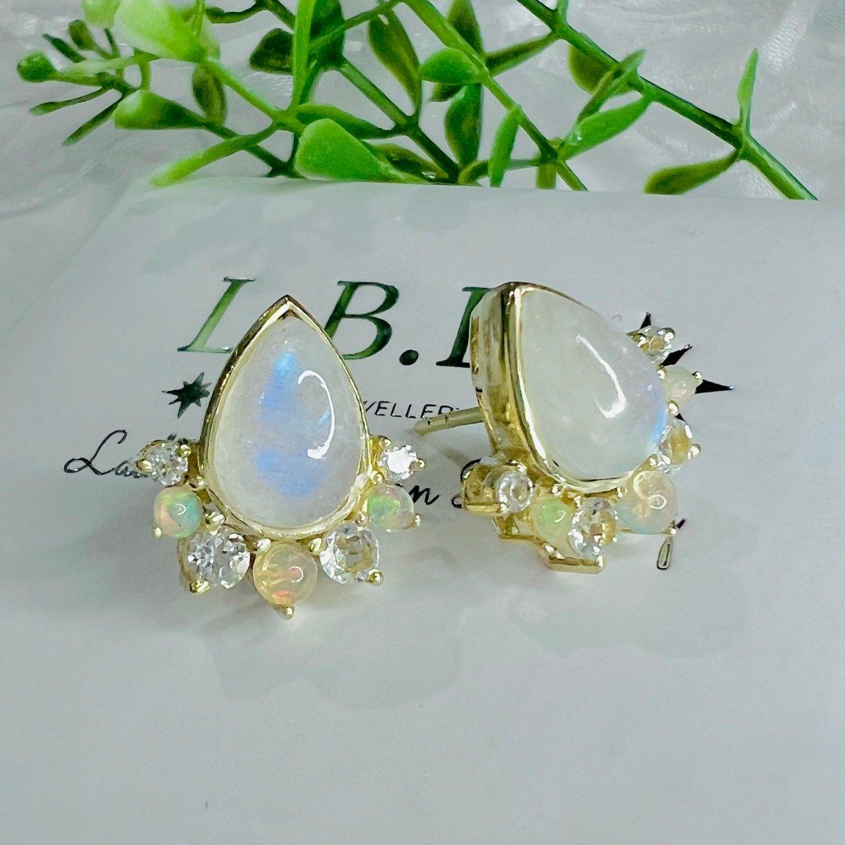 Laihas Premium Ballerina Gold Topaz, Opal & Moonstone Stud Earrings for Women - Elegant Jewelry Gift for Birthday, Anniversary & Special Occasions