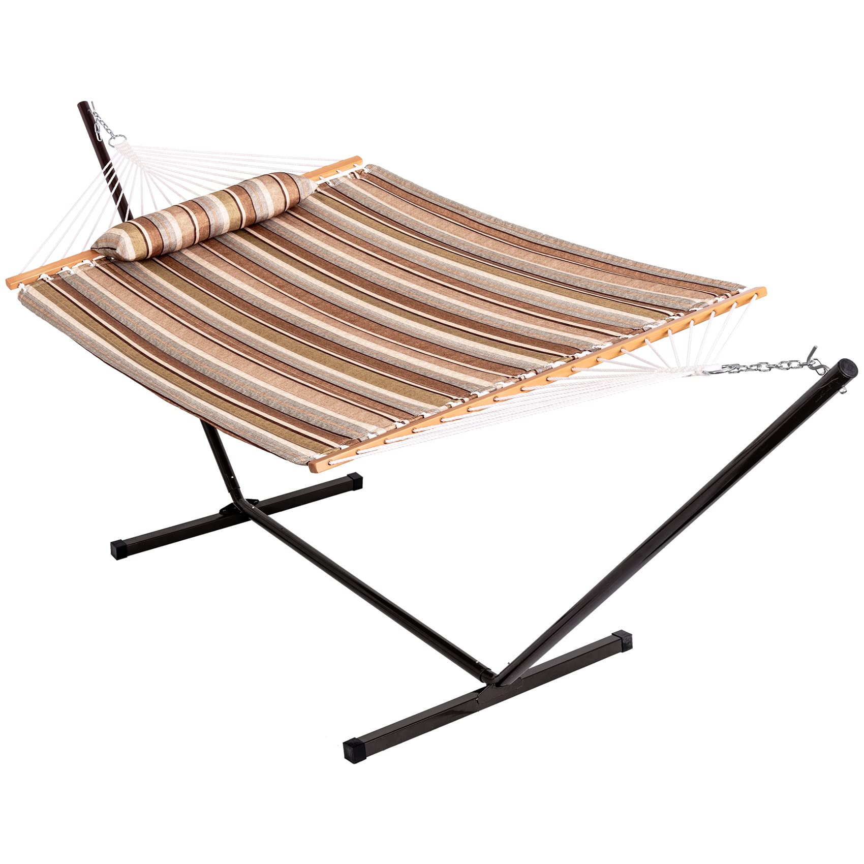 Quilted Fabric Hammock with 12 Feet Stand - 2 Person Double Hammock for Outdoor, Indoor, Patio, Garden & Backyard - 450 lbs Capacity (Olive Green/Taupe Stripes) - Perfect for Relaxing, Camping, Lounging & Family Bonding Time