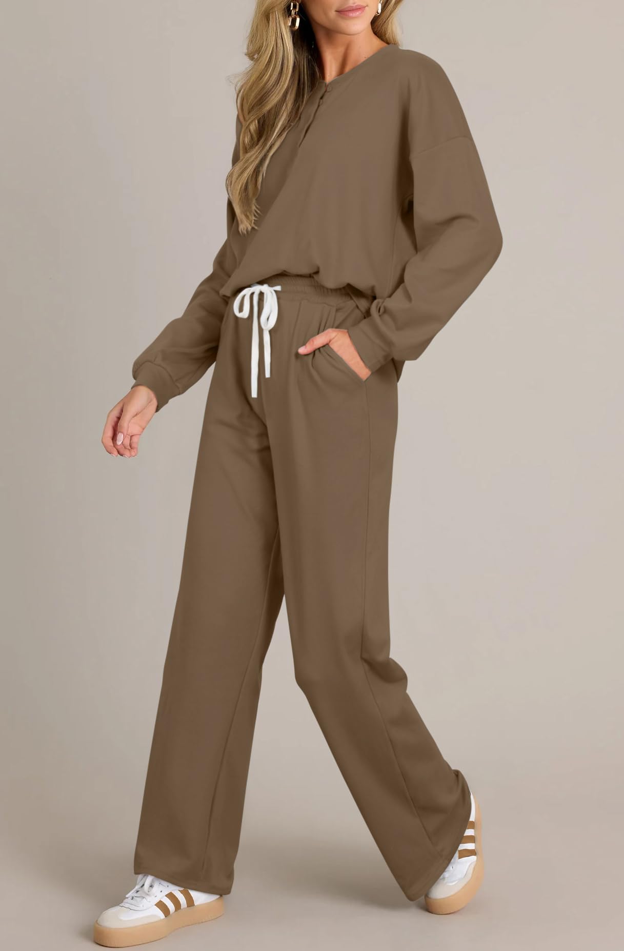 AGSEEM Women's 2-Piece Lounge Set - Quarter Button Long Sleeve Crewneck Pajama Set with Pockets | Cozy Winter Loungewear for Home Relaxation & Sleepwear