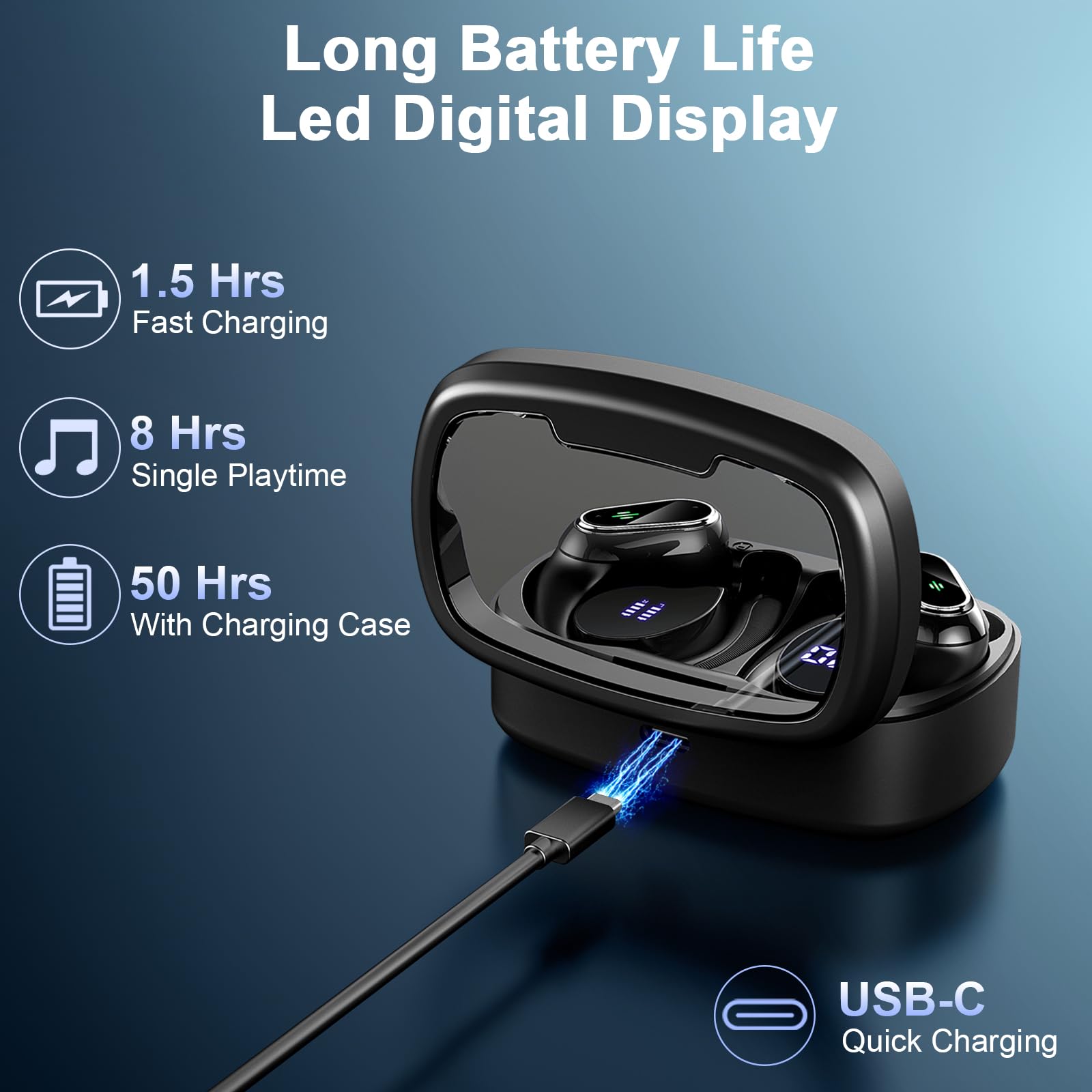 Wireless Bluetooth Earbuds with Earhooks - 50H Playtime, ENC Noise Canceling Mic, Deep Bass & IP7 Waterproof - Ideal for Running, Workout & Sports | Digital Display Case