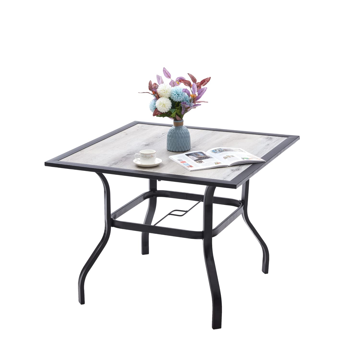 VICLLAX Outdoor Patio Dining Table - 4-Person Wood-Like Tabletop with Sturdy Metal Frame & Umbrella Hole - Perfect for Garden, Lawn, Backyard & Poolside Gatherings - Grey