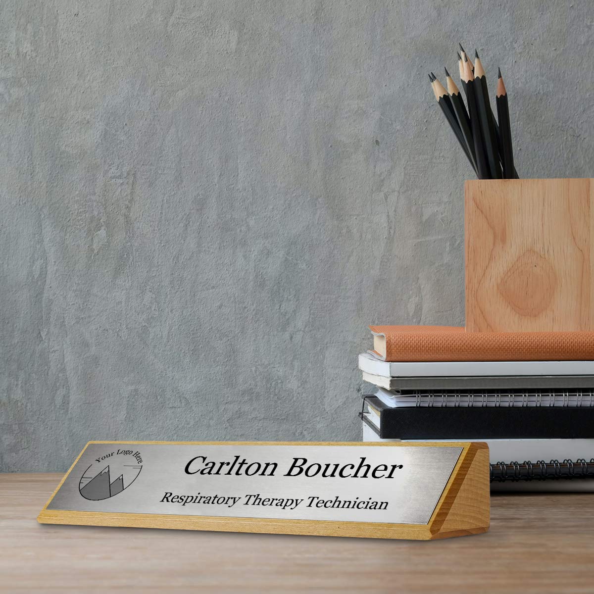 Premium Red Alder Wood Desk Name Plate - Engraved Silver Wedge Sign (10x2 Inch) for Office, Reception, or Home Workspace Decor