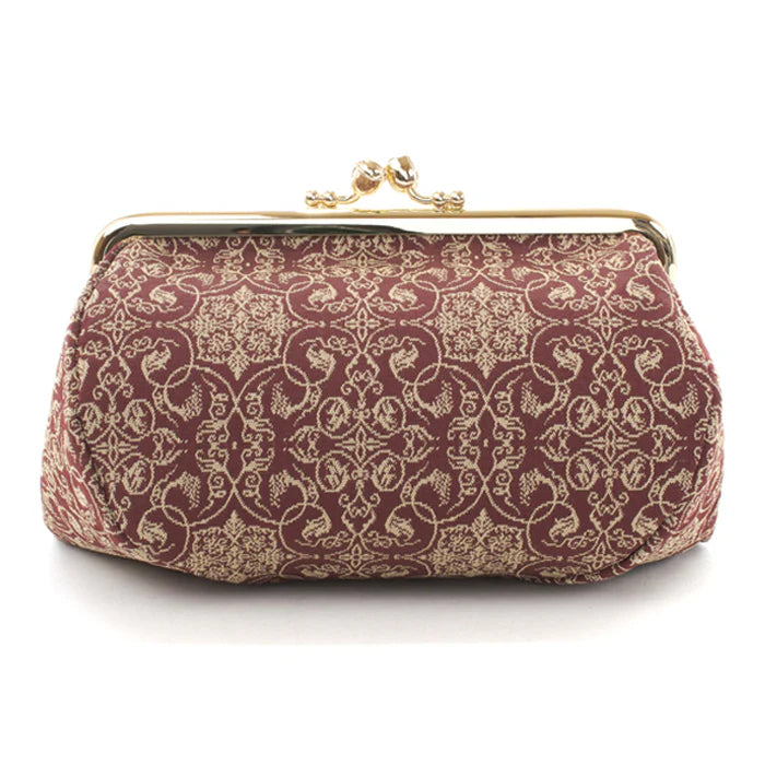 Handmade Kyoto Nishijin Silk Small Pouch - Grapevine Brown Japanese Gamaguchi Bag | Cosmetic & Makeup Organizer | Travel Toiletry & Stationery Pouch | Bag-in-Bag Organizer for Women's Purse, Gift Idea for Her