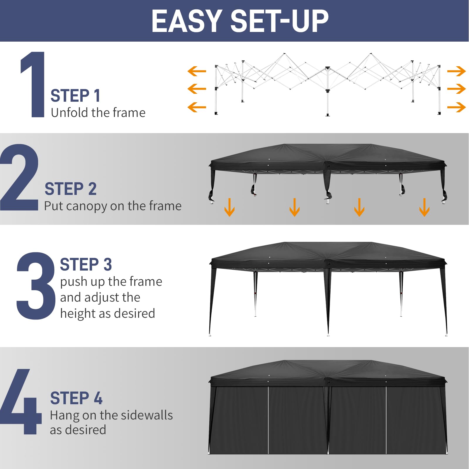 10' x 20' Pop Up Canopy Tent with Removable Sidewalls & Carry Bag - Instant Shelter with Zipper Door for Outdoor Events, Parties, Backyard, Patio - Commercial Grade Portable Easy Up Canopy (Black) - Perfect for Picnics, Farmers Markets, Tailgating & Beach Outings