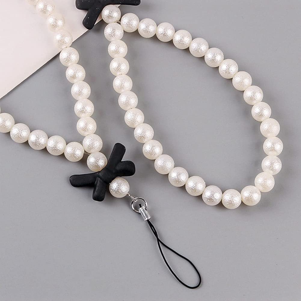 Fashionable White Pearl Beaded Phone Lanyard with Black Bow - Universal Anti-Lost Wrist Strap for Mobile Phones, Keychains & Wallets - Elegant Women's Accessory for Work, Travel & Daily Use