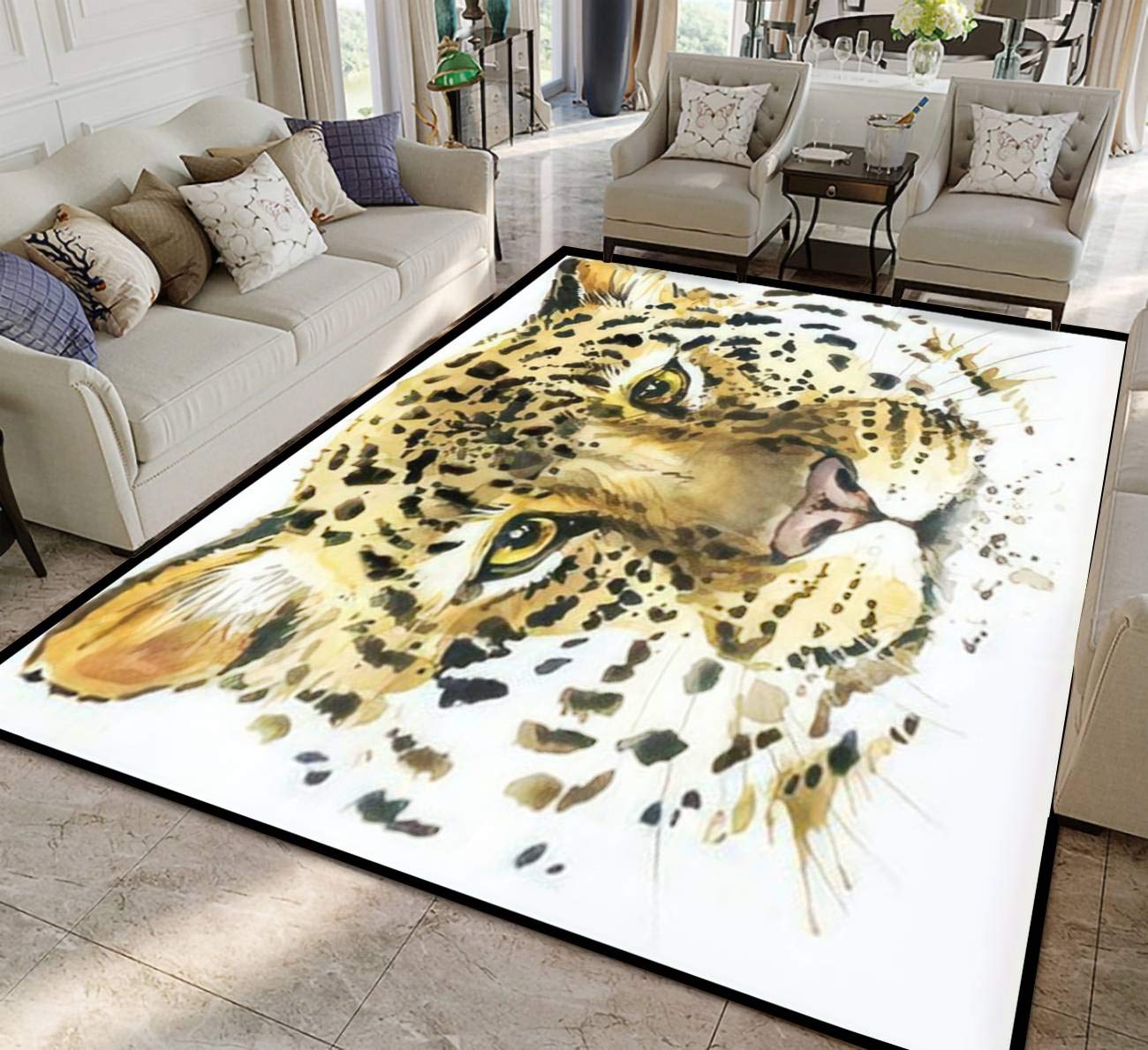 Leopard Print Watercolor Area Rug - Soft Non-Slip Indoor/Outdoor Carpet for Living Room, Bedroom, Nursery | Modern Home Decor, Yoga Mat, Runner, Doormat - Perfect for Boho Chic Decor & Kids Play Areas