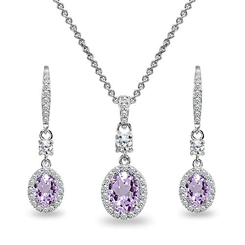B. BRILLIANT Sterling Silver Oval Halo Pendant Necklace & Dangle Earrings Set with Genuine/Synthetic Gemstones - Elegant Jewelry Gift for Women & Girls - Perfect for Weddings, Parties & Special Occasions