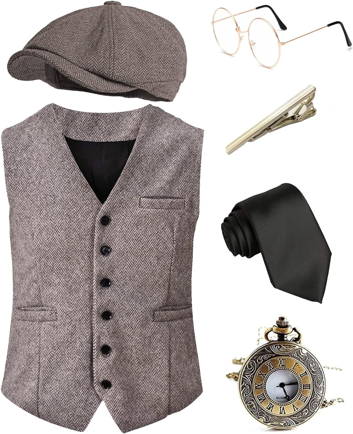 EFORLED 1920s Men's Halloween Costume Accessories Set - Great Gatsby Outfit, Roaring 20s Pocket Watch & Gangster Hat for Cosplay, Themed Parties, Vintage Events & Historical Reenactments