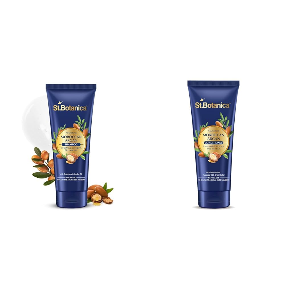 St.Botanica Moroccan Argan Oil Shampoo & Conditioner Set for Dry Frizzy Hair - Vitamin E, Rosemary & Jojoba Oil Infused - Controls Frizz for Smooth Soft Shiny Hair - 50ml x 2 - Perfect for Daily Hair Care & Salon-Like Results at Home