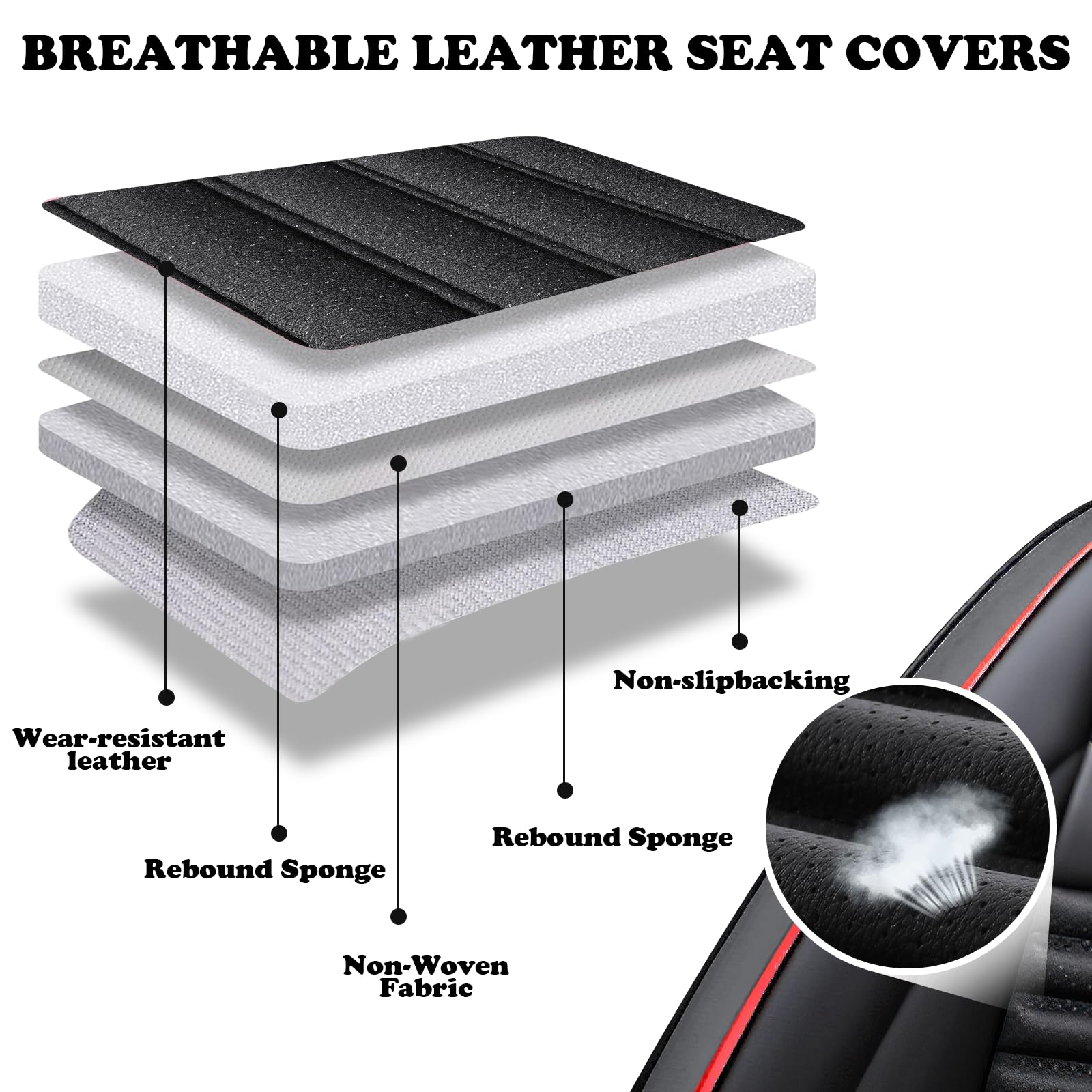 Premium Leather Car Seat Covers for Toyota Camry Hybrid 2007-2024 - Universal Anti-Slip Design Fits Most Cars, Sedans, SUVs & Trucks (Black Red Bars) - Perfect for Daily Commute, Road Trips & Long Drives