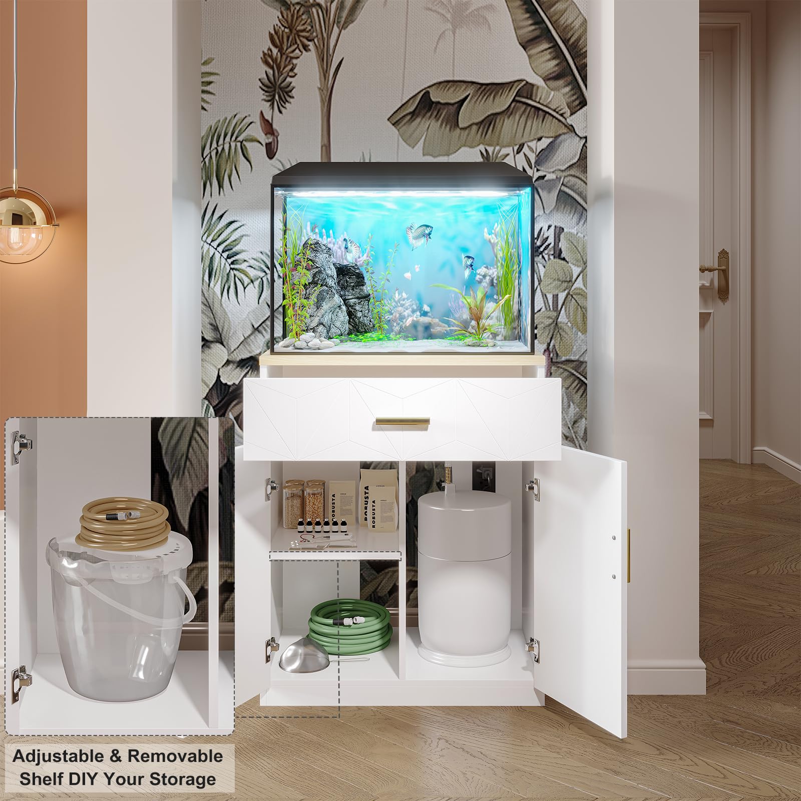 20 Gallon Fish Tank Stand with Charging Station & Storage - White Aquarium Cabinet with Drawer - Sturdy 10 Gallon Tank Table for Living Room, Bedroom or Office Decor
