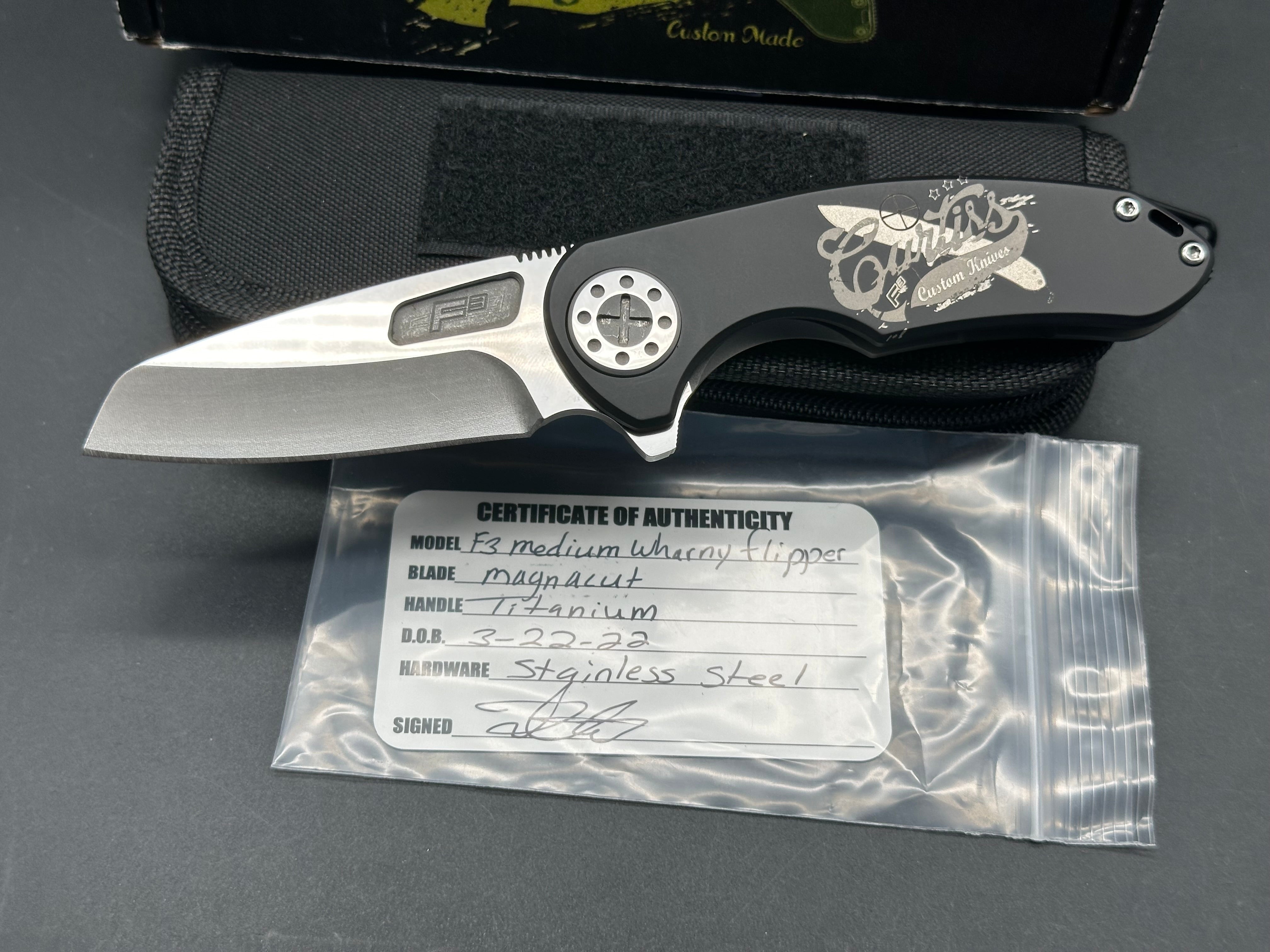 Curtiss Custom Knives F3 Medium Wharncliffe Flipper Knife - Titanium Frame, Stonewash Finish, Magnacut Blade | EDC, Outdoor Survival, Tactical Gear, Hunting & Camping Accessories