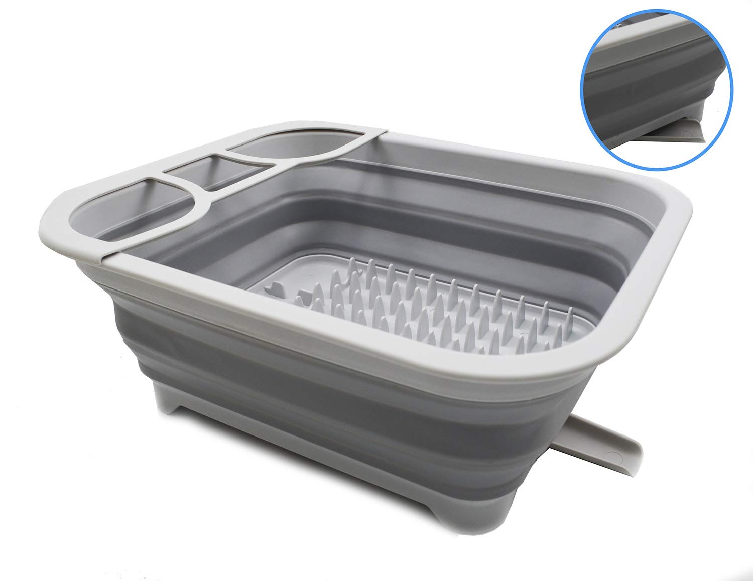 Sammart 12L (3.17 Gallon) Foldable Dish Drying Rack with Swivel Spout - Collapsible Kitchen Organizer, Space Saving Dish Drainer for Countertop - Perfect for Small Apartments, RVs, Camping & Compact Kitchens (Grey)