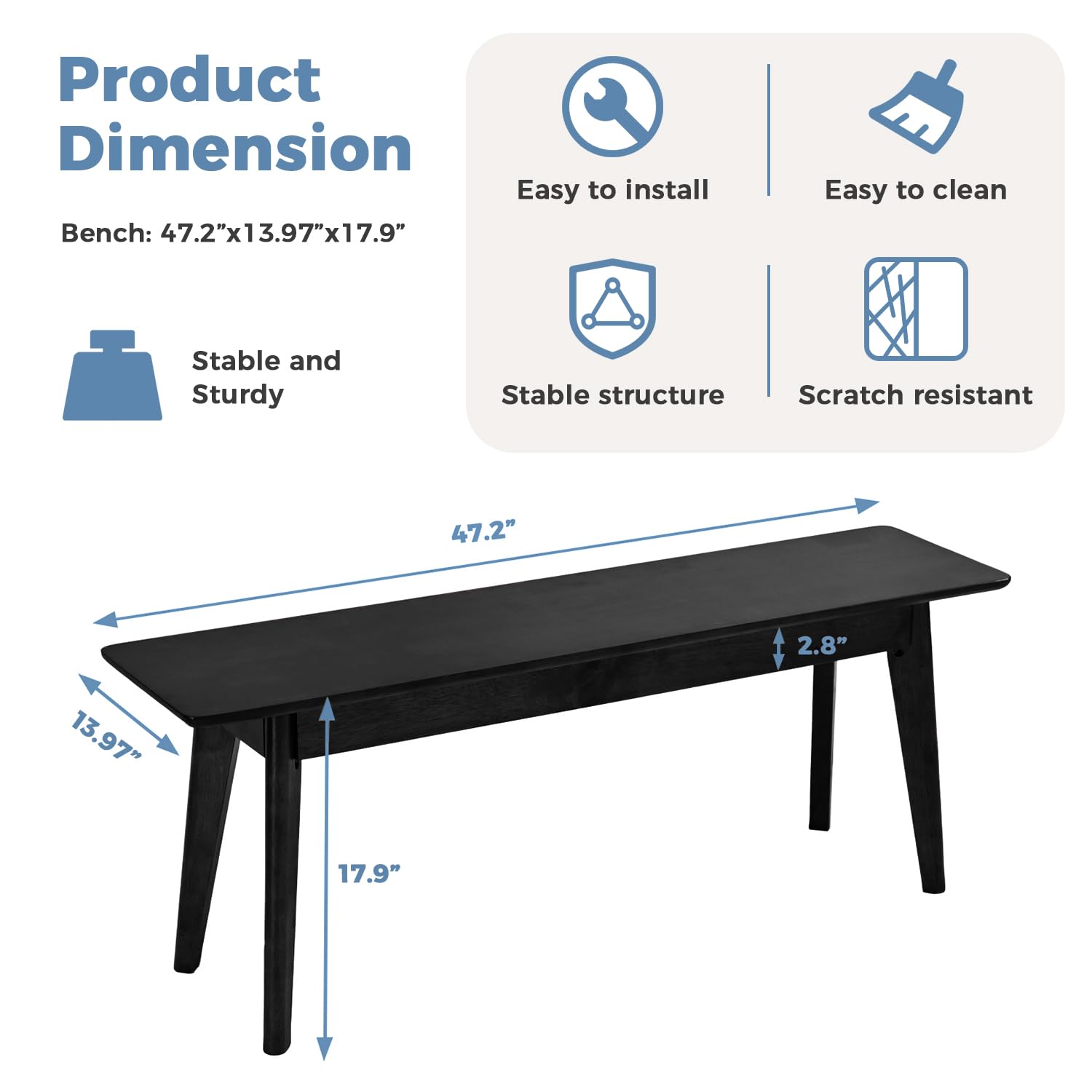 DELAVIN 47 Inch Oak Wood Dining Bench - Modern Black Kitchen Bench, Bedroom Bench, Living Room Bench - Sturdy Wooden Seating for Dining Table, Entryway, or Home Decor