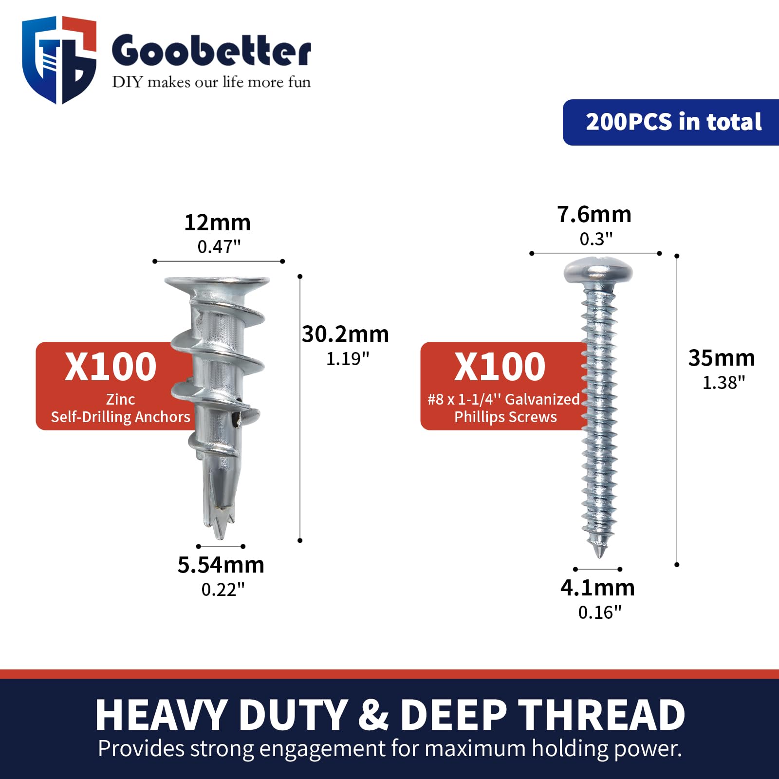 200-Piece Heavy Duty Drywall Anchors and Screws Kit - 100 Self Drilling Anchors + 100 Zinc Sheetrock Anchors with #8 x 1-1/4