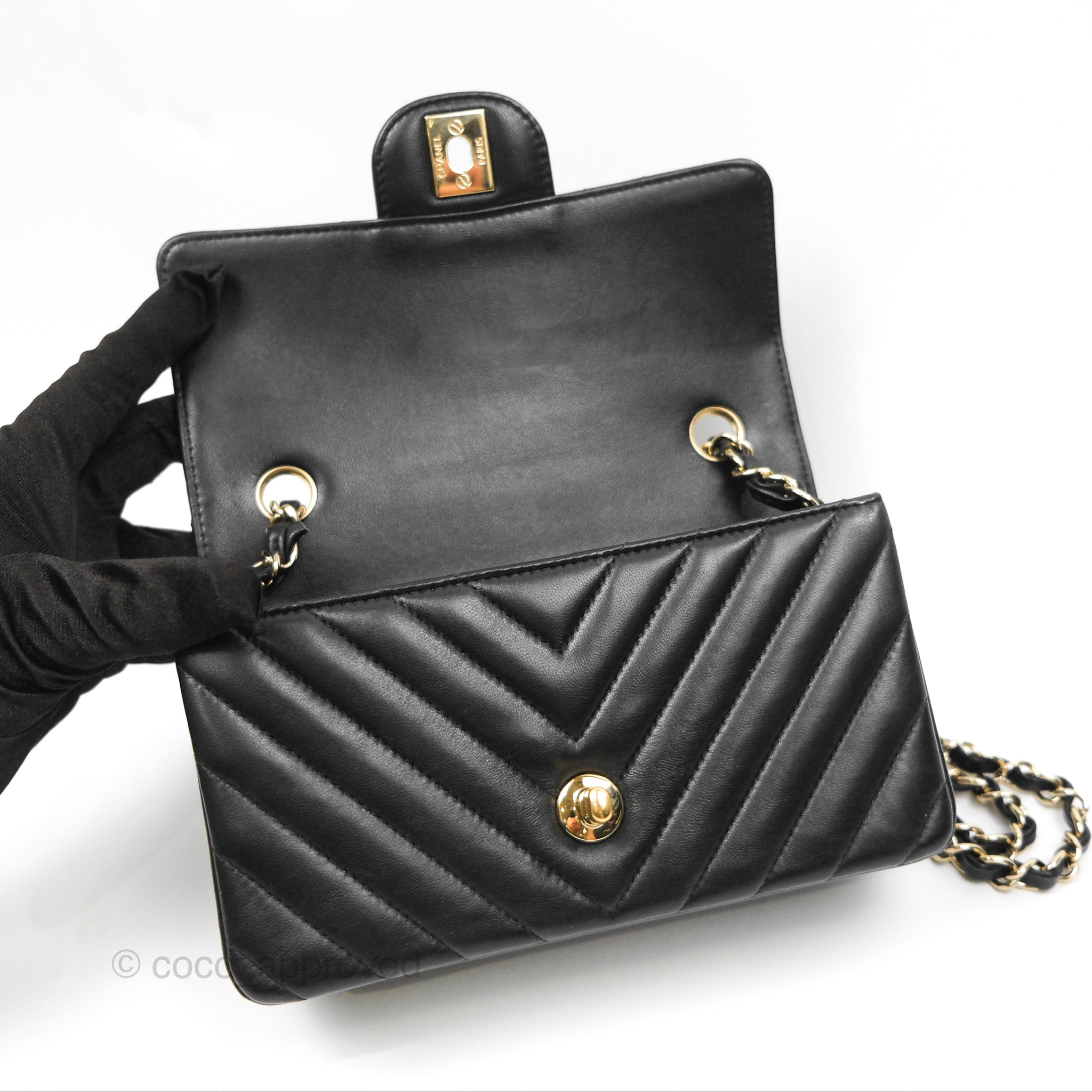 Chanel Chevron Mini Rectangular Flap Bag in Black Lambskin Leather with Gold Hardware - Luxury Crossbody Purse for Women, Perfect for Evening Events & Date Nights
