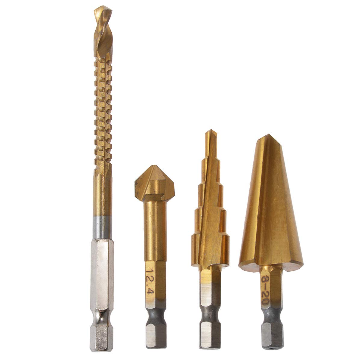 KATUR 4PCS HSS Titanium Coated Drill Bit Set - 6mm Saw Twist, 4-12mm Step, 8-20mm Umbrella, 12.4mm Chamfering End Mill Cutter Countersink (Hex Shank) - Perfect for Metal, Wood & Plastic Drilling Projects
