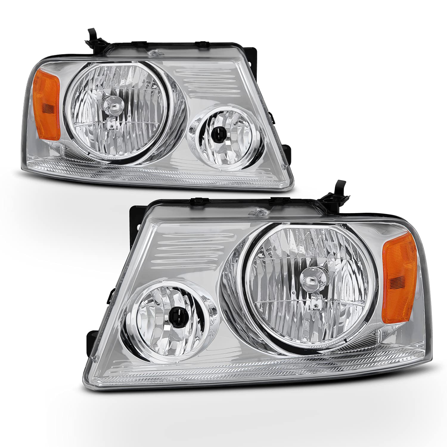 AKKON Chrome Headlights & LED Red Clear Tail Brake Lights Pair for 2004-2008 Ford F150 Pickup (Styleside Type) - Left & Right Side - Upgrade Your Truck's Style & Night Visibility