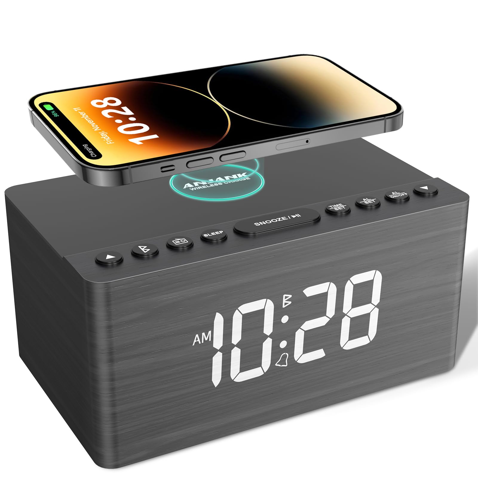 ANJANK Wooden Bluetooth Speaker Alarm Clock with FM Radio, Wireless Charging for iPhone & Samsung, USB Port, Dimmable Display, Sleep Timer - Digital Wooden Bedside Clock for Bedroom, Office, Nightstand (Gift Idea for Music Lovers)