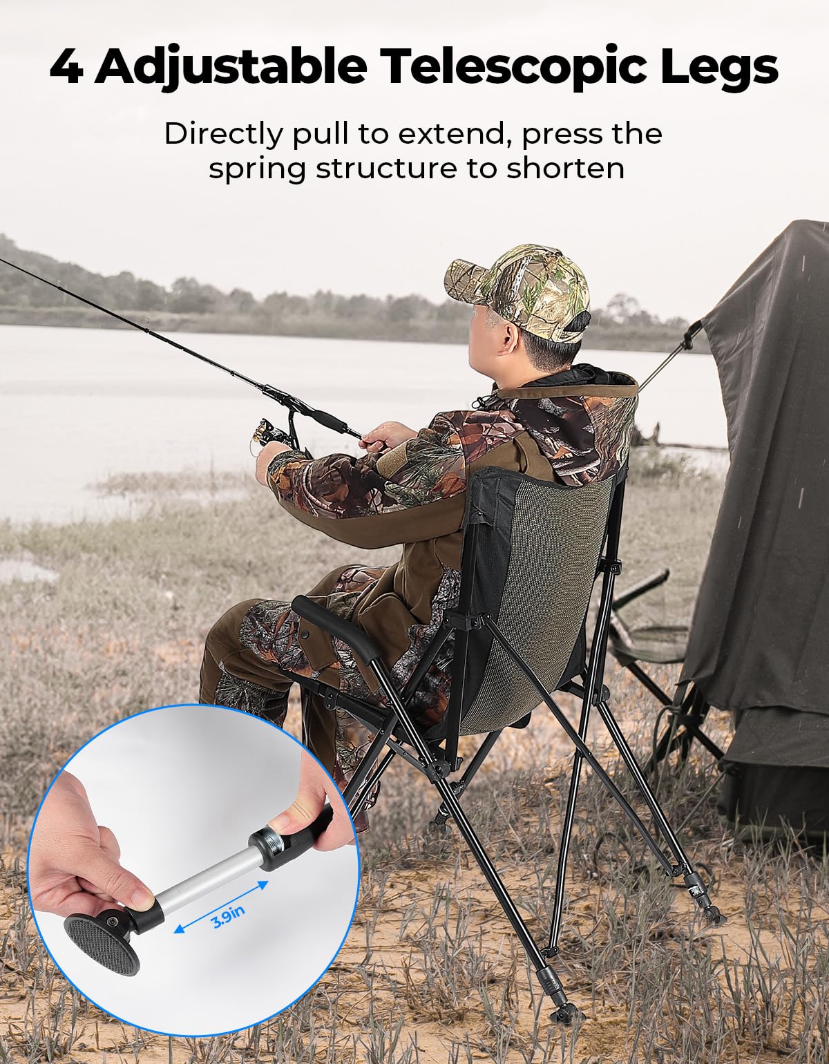 KEMIMOTO Portable Lightweight Folding Camping Chair - Adjustable Height 4-Leg Design, 300lbs Weight Capacity, Breathable & Stable Seat for Outdoor Hiking, Picnics, Beach, Backpacking and Camping Trips