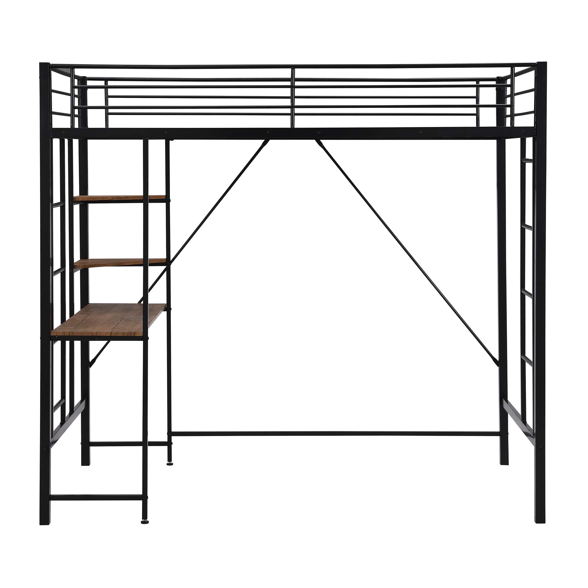 Space-Saving Metal Twin Loft Bed with Built-In Desk, 2 Ladders & Shelves - Sturdy Loft Bed Frame for Teens & Adults - No Box Spring Needed - Perfect for Small Bedrooms, Dorms & Studio Apartments